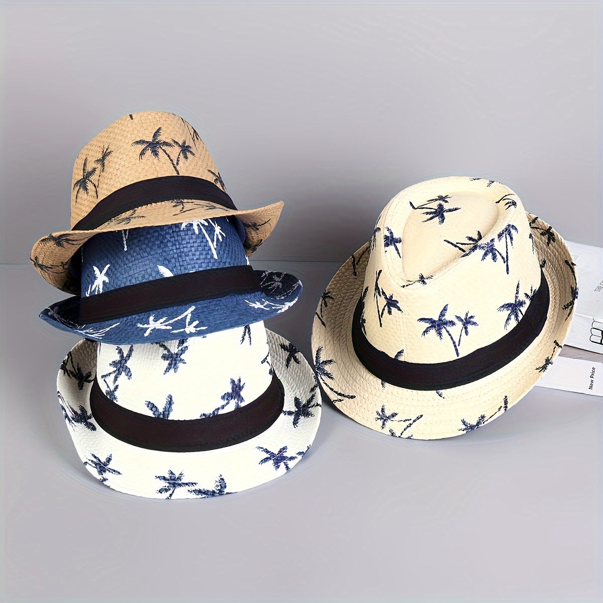 4-Piece Set of Men's Panama Straw Hats with Palm Tree Pattern - Suitable for Beach, Sun, and Style