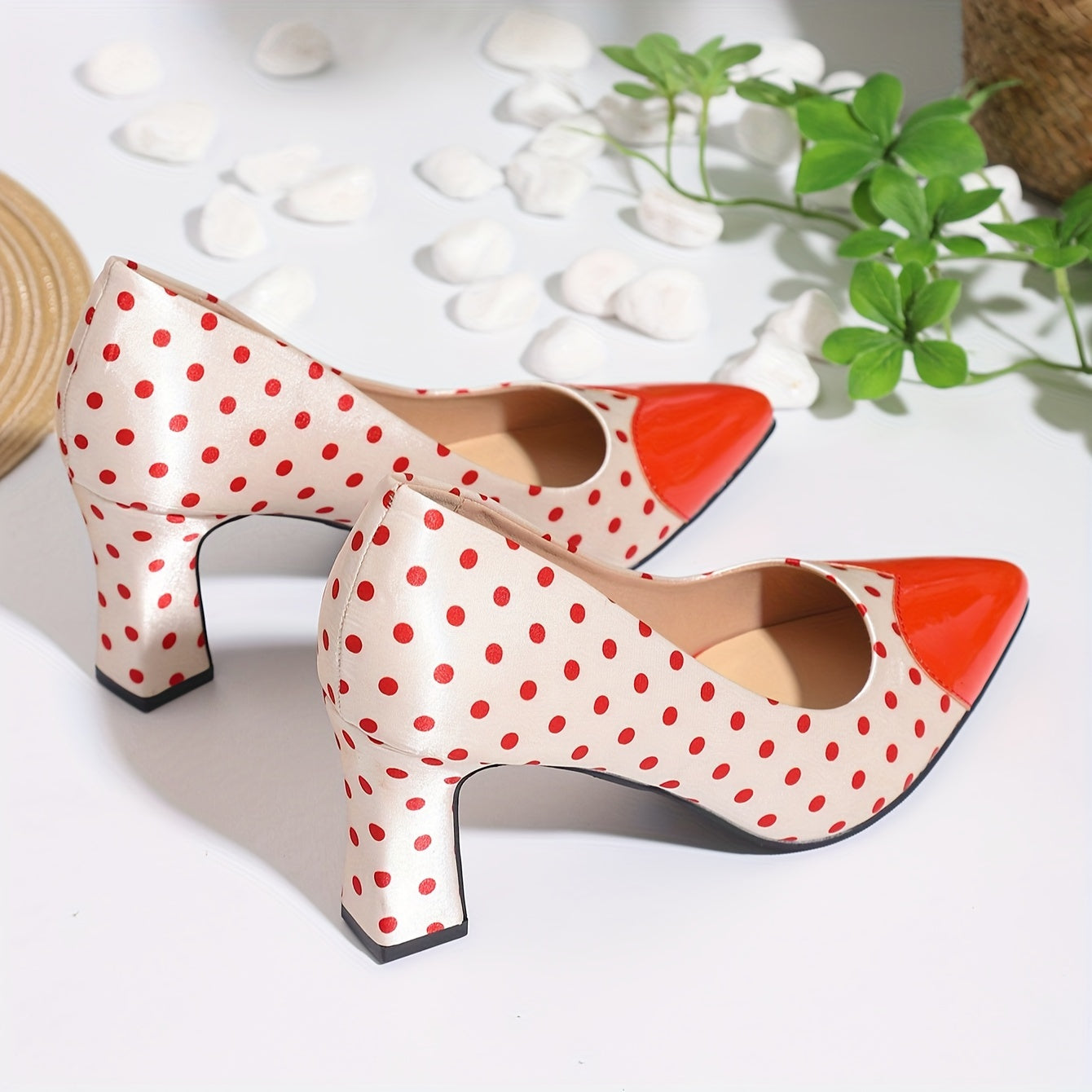 Women's Polka Dot Pumps, Shallow Mouth Slip On Chunky Heel Wedding Shoes, Point Toe Heart Dressy Shoes