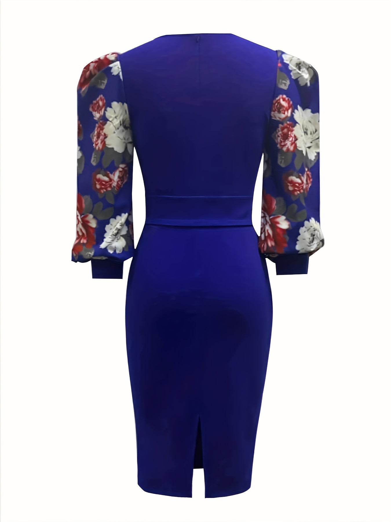 Floral Print Lantern Sleeve Bodycon Dress, Elegant Crew Neck Split Dress For Spring & Fall, Women's Clothing