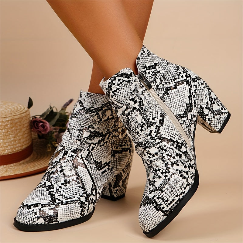 Women's Snakeskin Pattern Chunky Heel Boots, Fashion Side Zipper Short Boots, Comfortable Ankle Boots