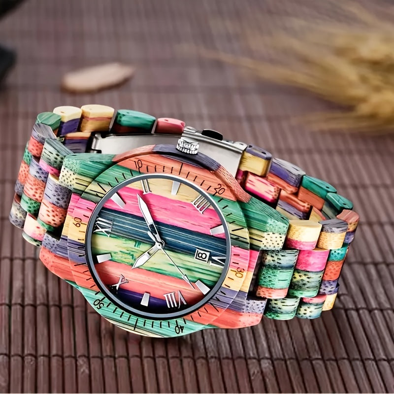 Handcrafted Multi-Colored Bamboo Wrist Watch for Men | Round Quartz Movement | Non-Waterproof with Date Feature | Unique Personalized Gift for Father or Son | Party Style with Luminous Hands and Folding Clasp