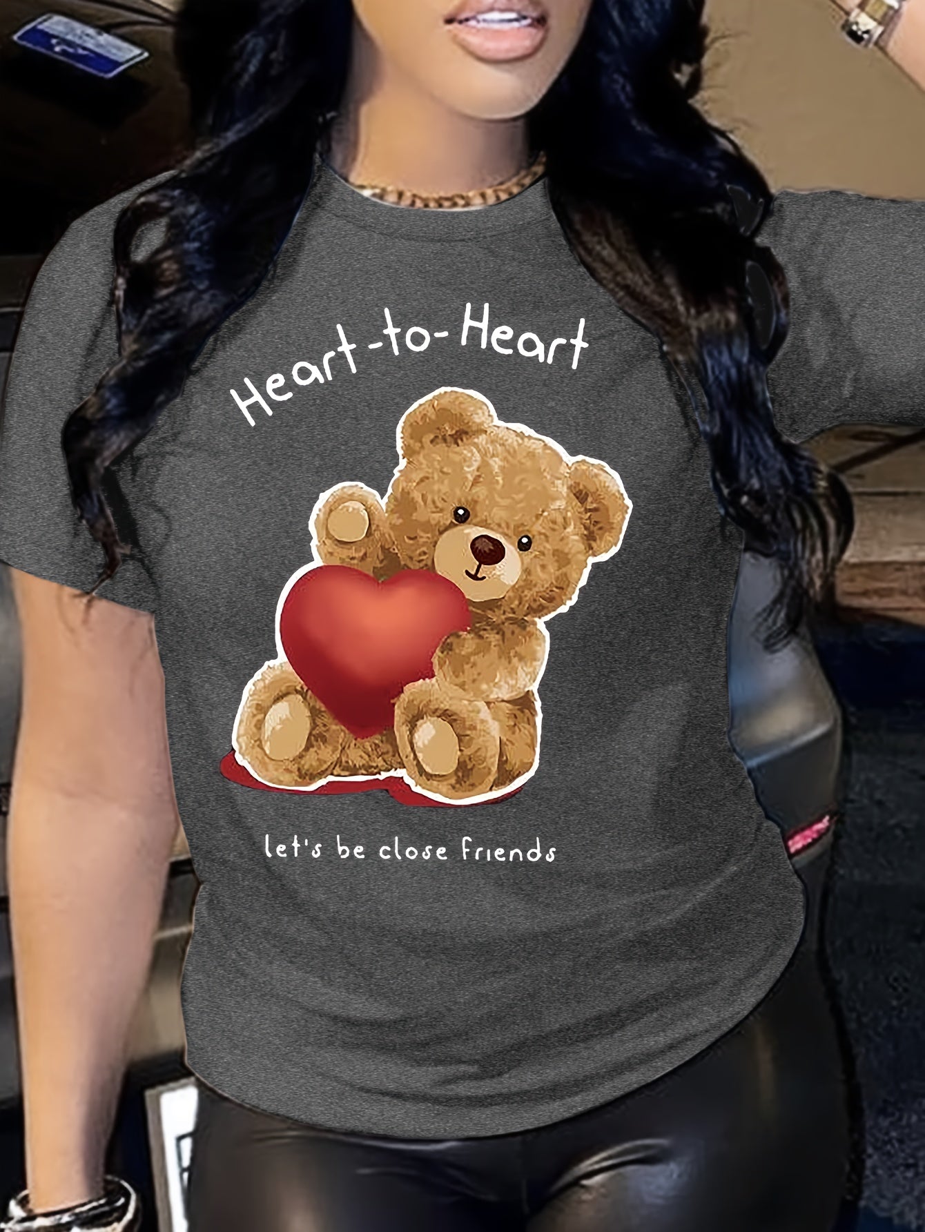 Cartoon Bear Print T-shirt, Short Sleeve Crew Neck Casual Top For Summer & Spring, Women's Clothing