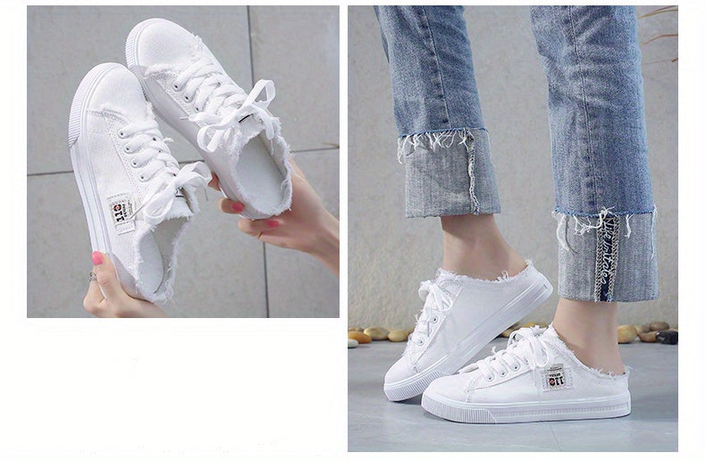 Women's Letter Patched Raw Trim Mules Sneakers, Lace Up Platform Canvas Shoes, Fashion Half Slippers