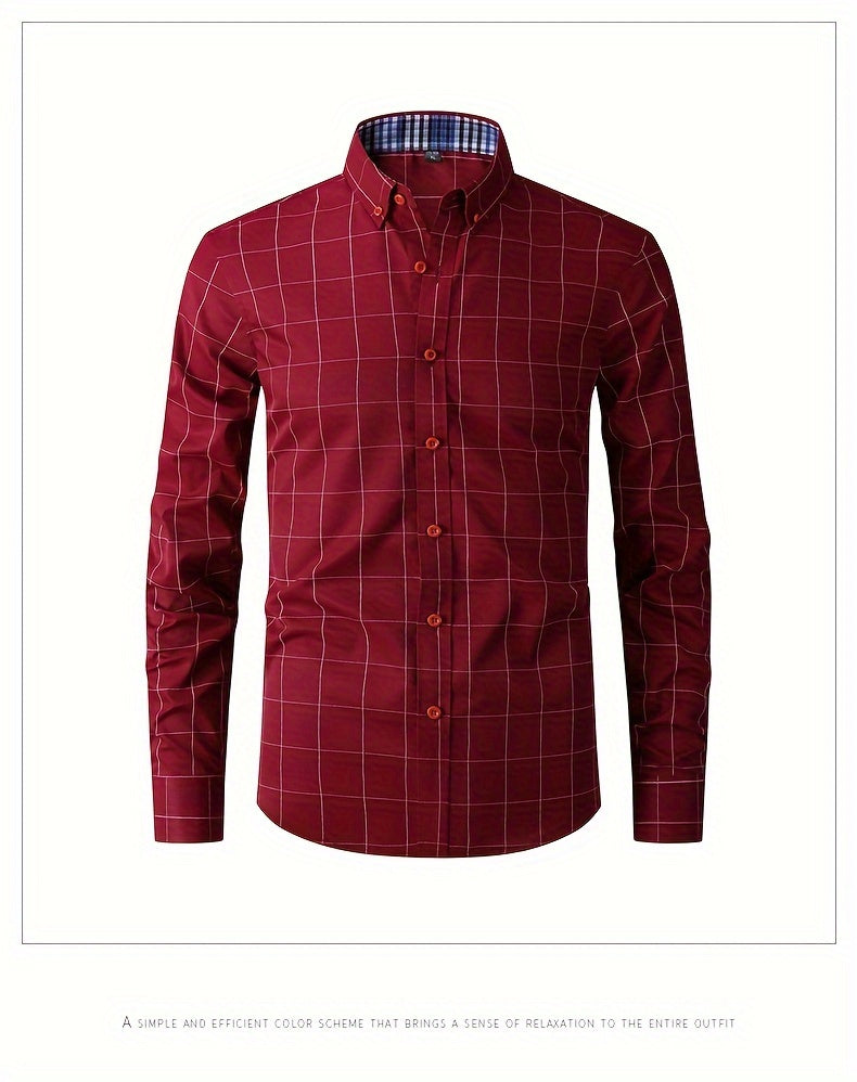 Men's Plaid Design Dress Shirts, Long Sleeve Casual Button Down Shirt For Formal Occasions