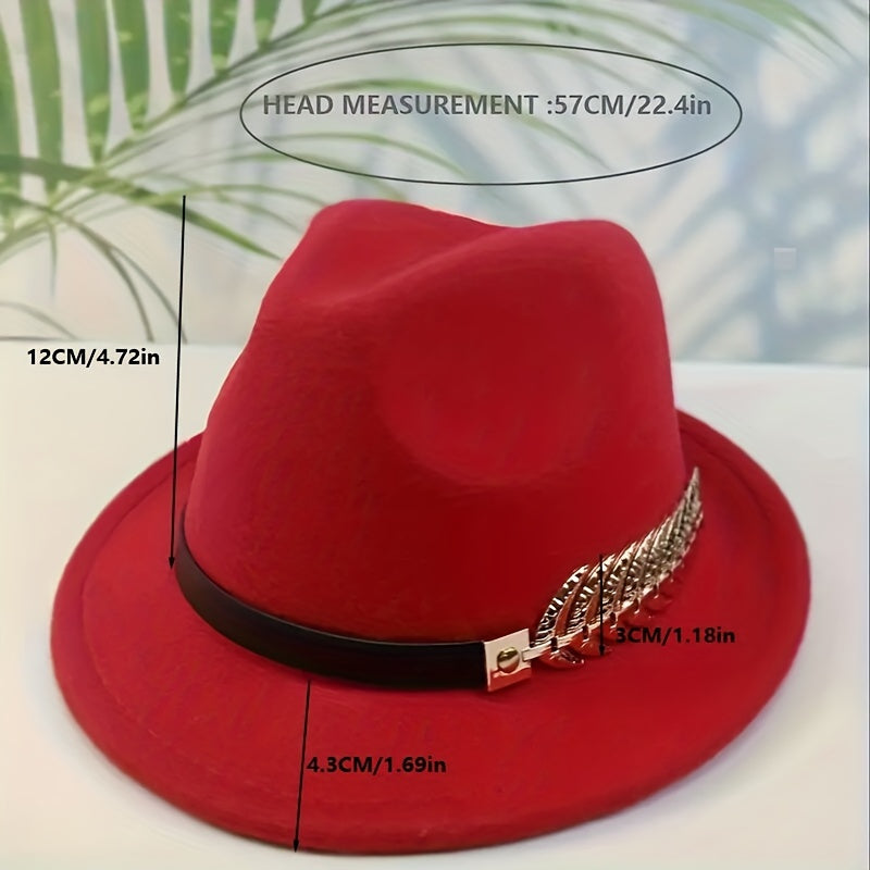 Vintage British-Style Fedora with Metal Leaf Accent - Lightweight, Warm Polyester for Autumn & Winter