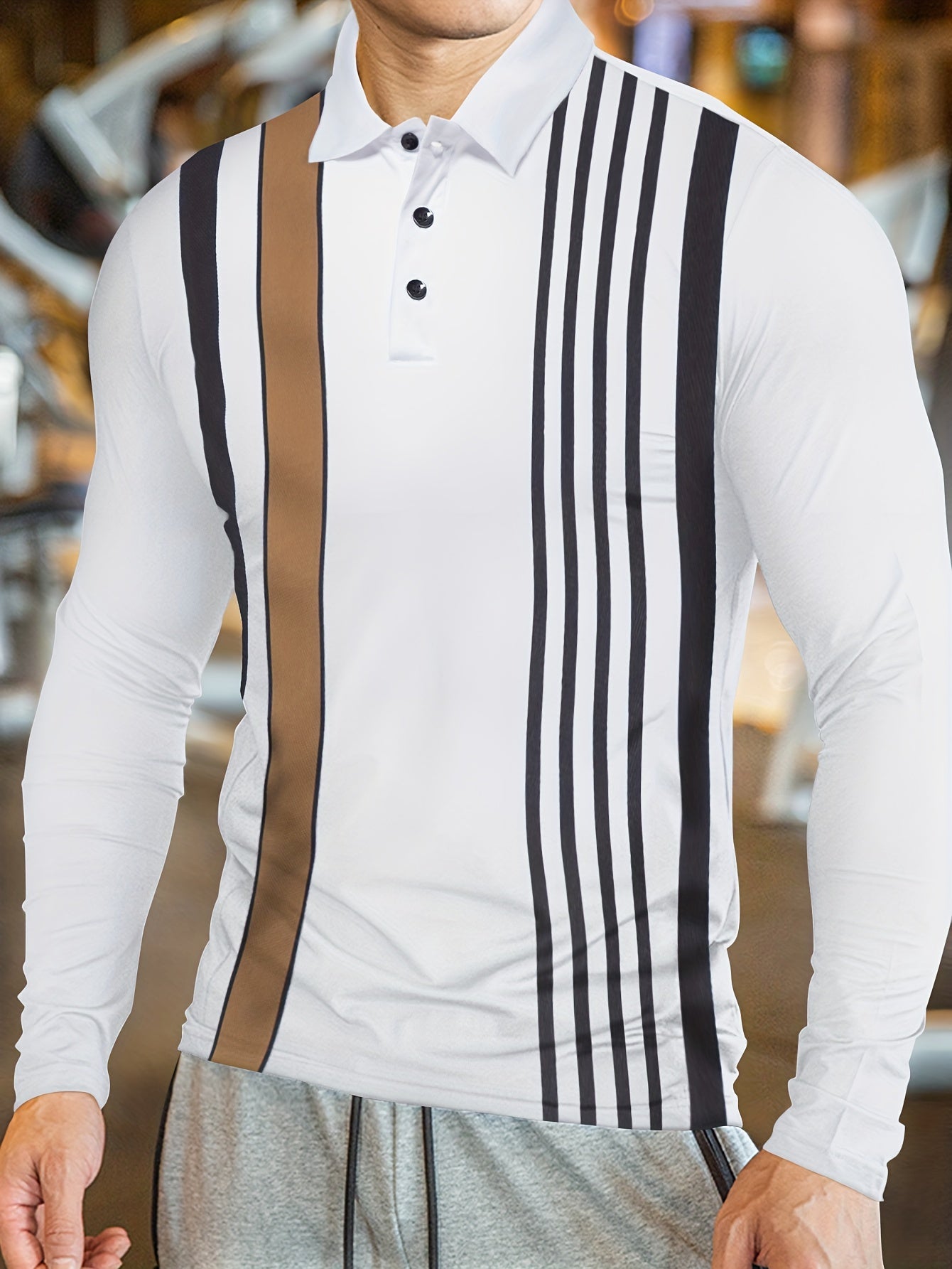 Men's Striped Golf Shirt, Casual Long Sleeve Shirt For Spring Fall Outdoor