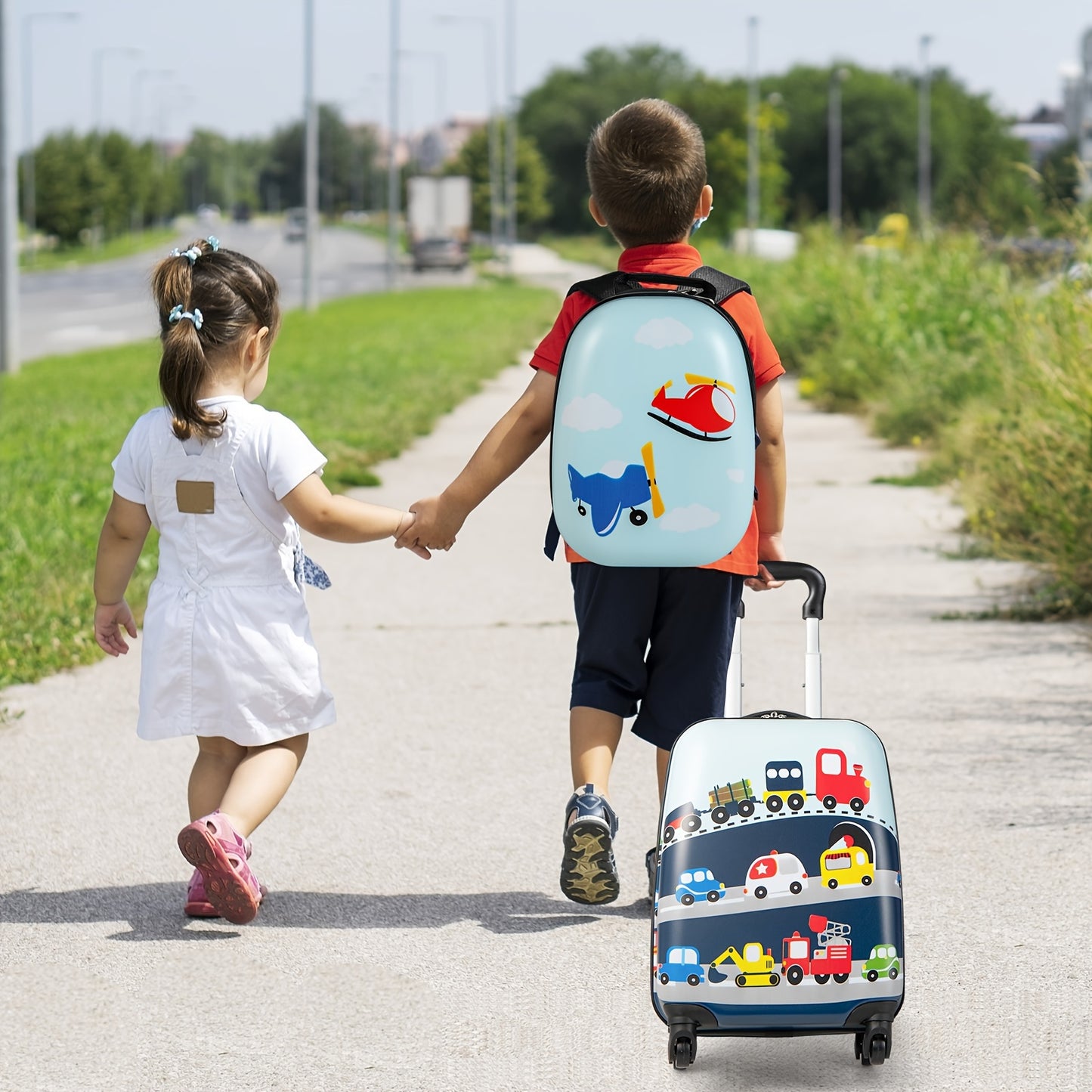 2pcs Kids Carry-On Luggage Set: 12" Backpack And 16" Rolling Suitcase For Travel