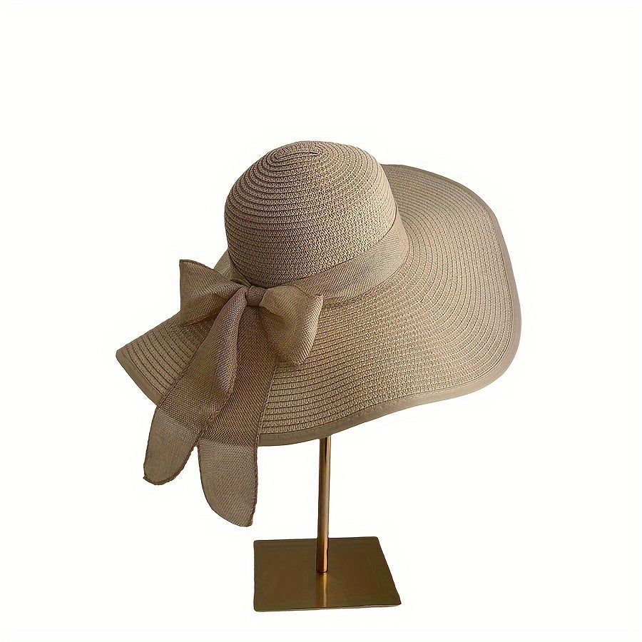 Women's Extra Large Brim Straw Sun Hat, Summer UV Protection Wide Brim Hat with Bowknot, Beach Sunshade Floppy Hat, Elegant Vacation Travel Sun Cap