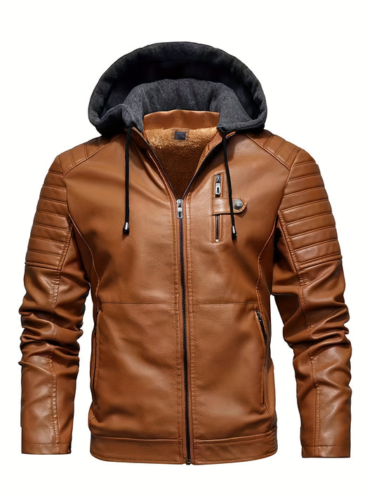 Men's Softshell Jacket With Hood - Windproof PU Leather Jacket For Casual Outings, Cycling, And Outdoor Activities In Autumn/Winter