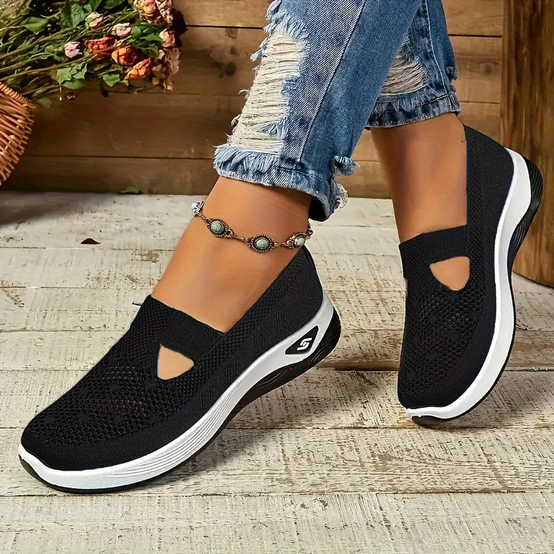 Womens Lightweight Knit Cut-out Sneakers - Ultra-Casual, Exceptionally Breathable Sports sole, Easy Slip-On Shoes with Super Lightweight Construction and Flat Heel for Comfort - Perfect for Outdoor Walking and Casual Strolls