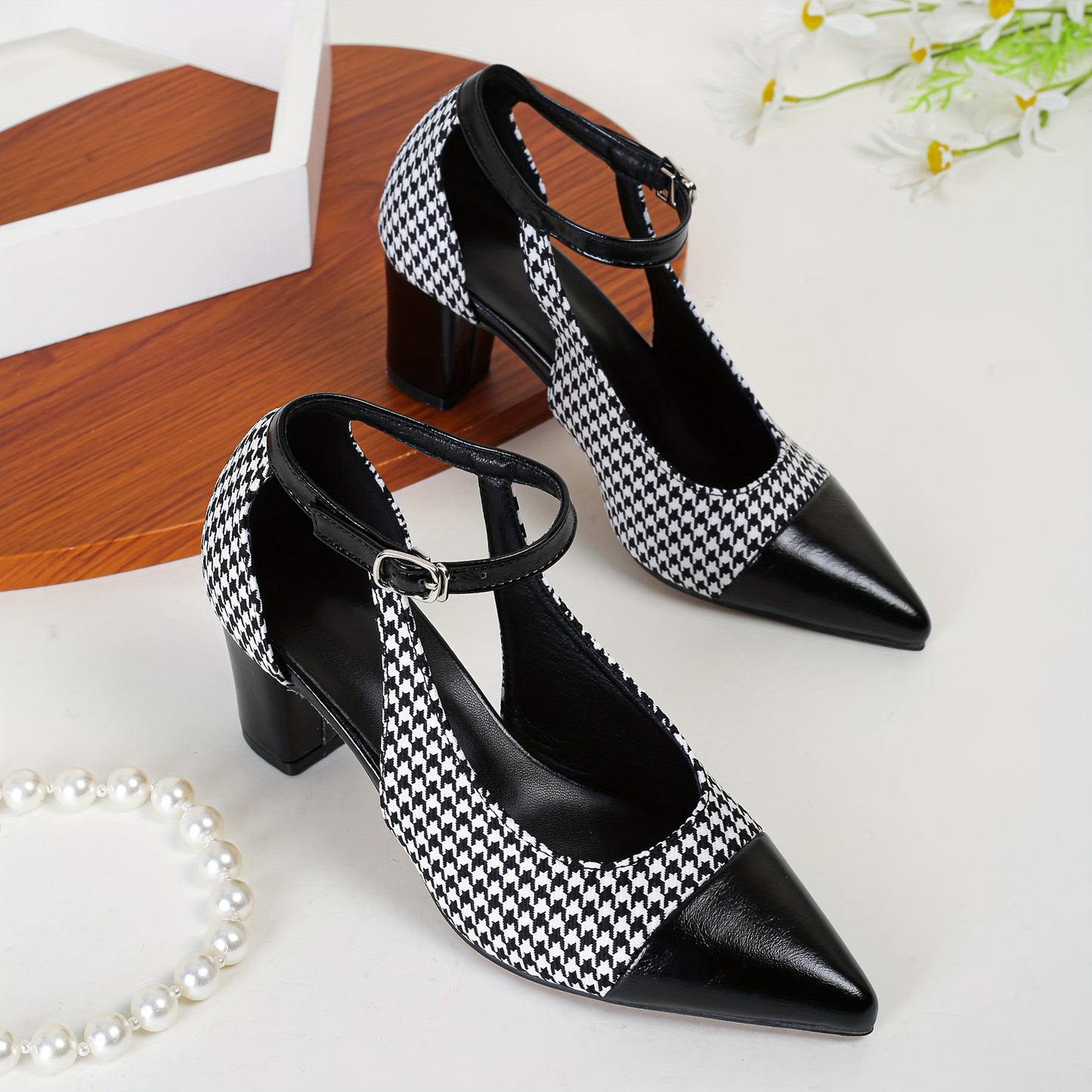 Women's Houndstooth Pattern Shoes, Ankle Buckle Strap Chunky Heel Soft Sole Shoes, Elegant Point Toe Dress Shoes