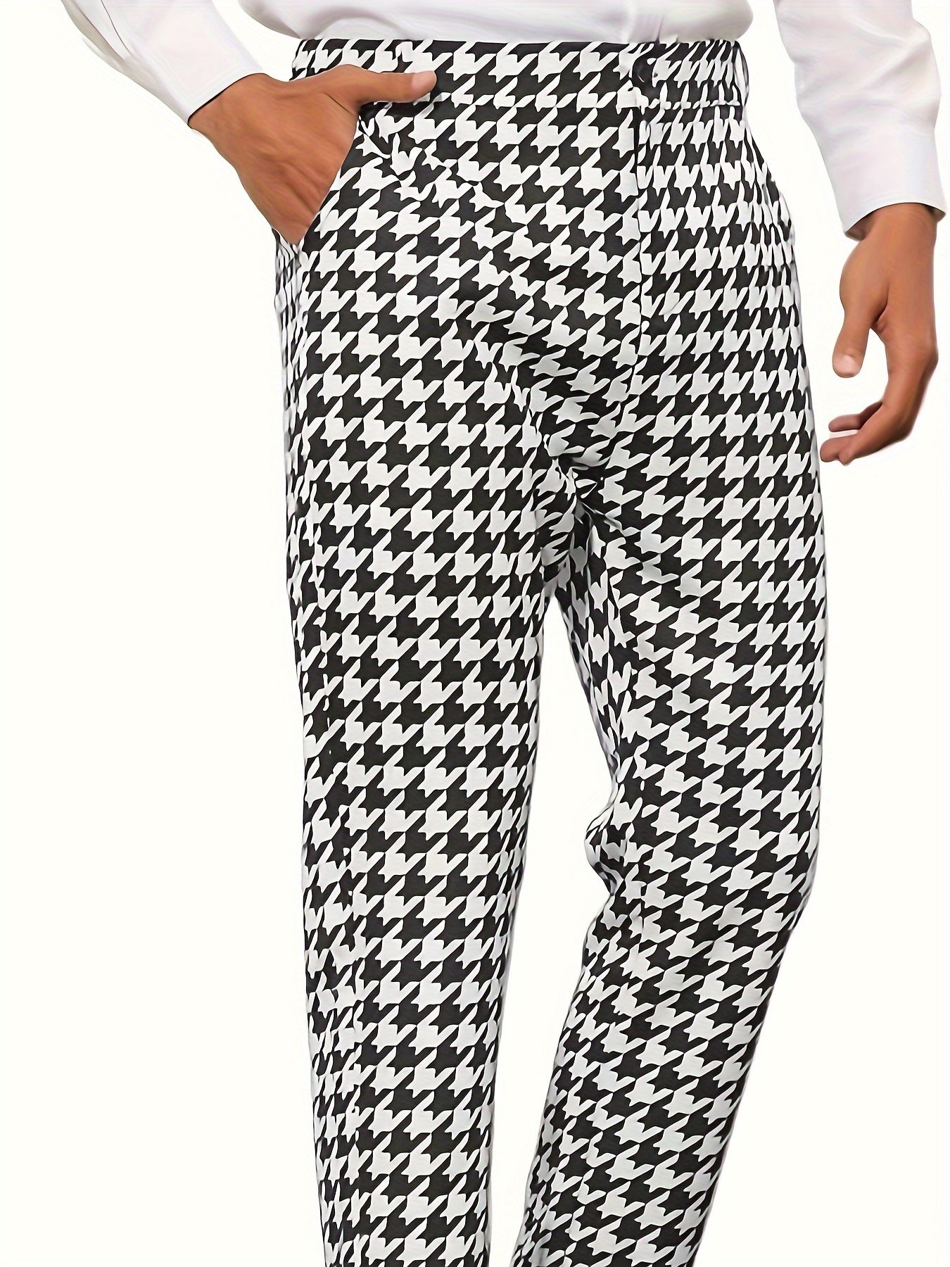 Men's Houndstooth Pattern Cropped Dress Pants, Semi-formal Style Pants For Outdoor Casual Daily Wear, All Seasons