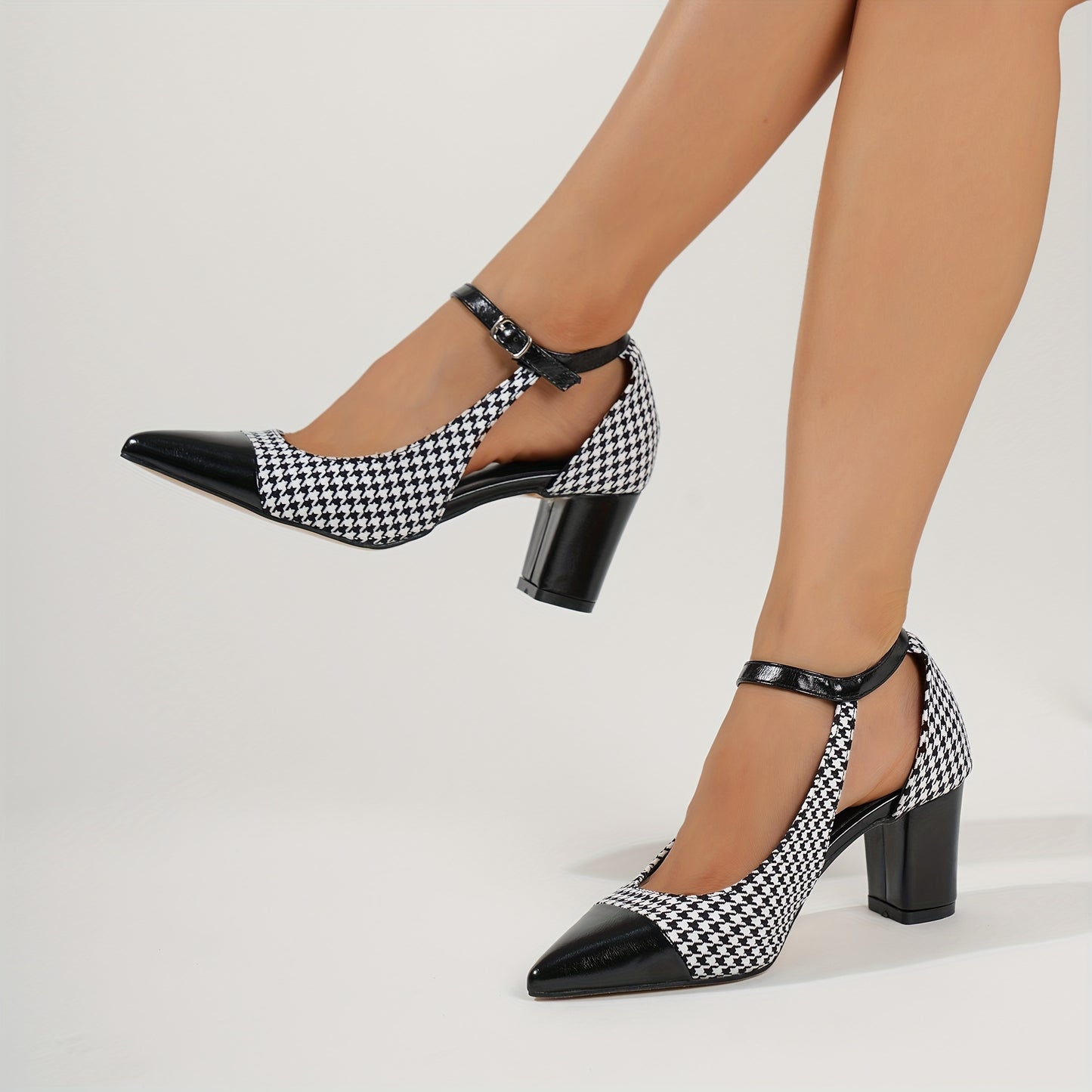 Women's Pointed Toe Pumps, Fashion Houndstooth D'Orsay Heels With Ankle Strap, Chic Contrast Color Block Heels