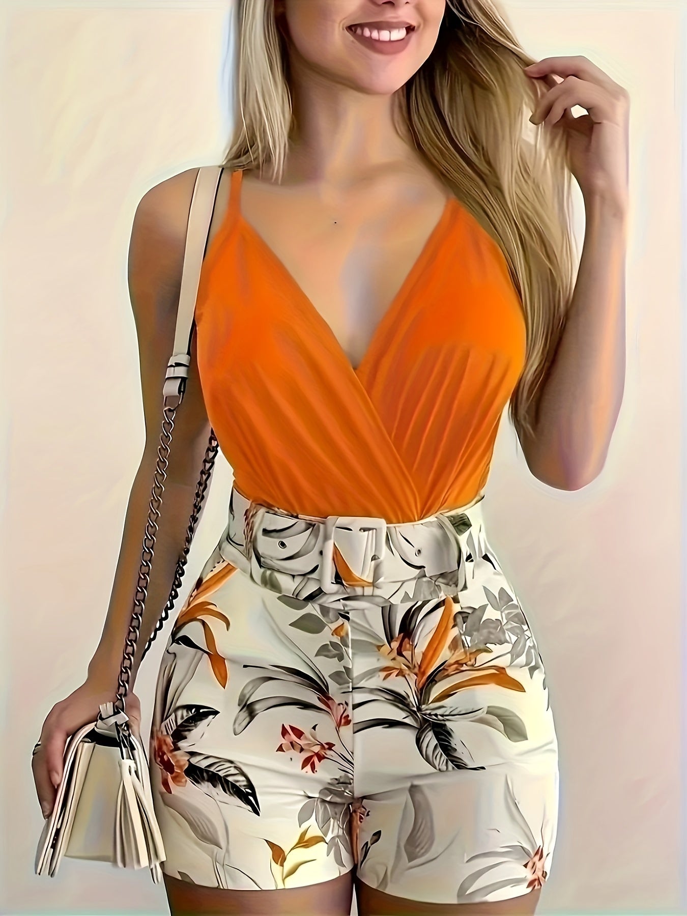 Casual Two-piece Set, Solid V Neck Cami Top & Floral Print Shorts Outfits, Women's Clothing