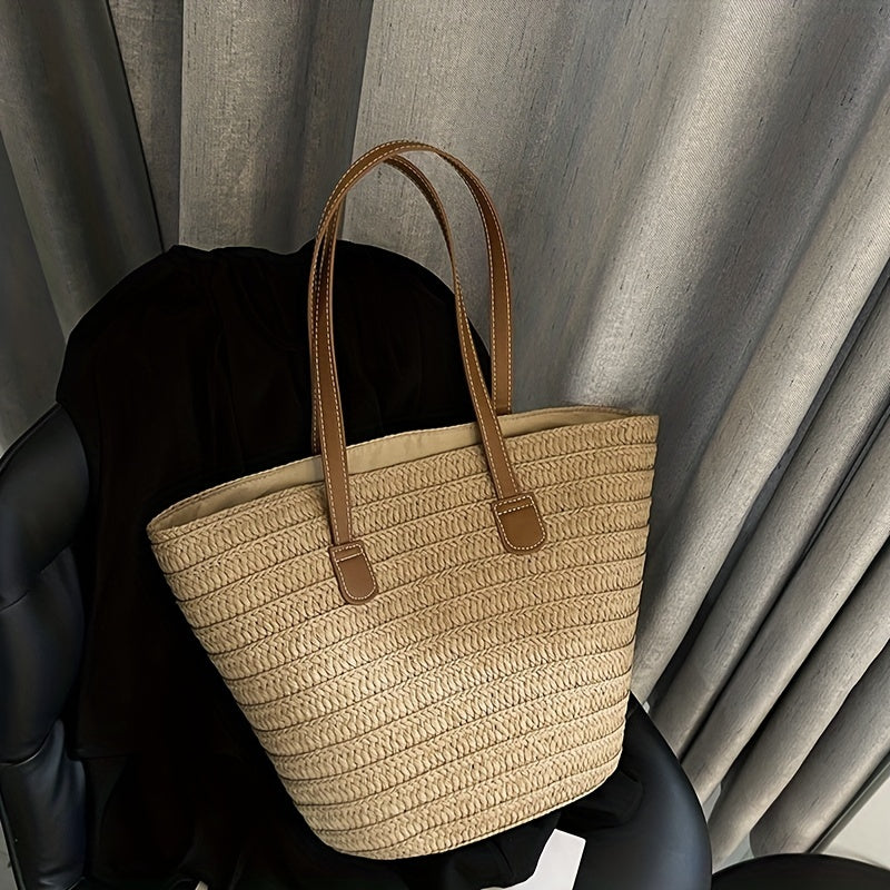 Woven Straw Tote Bag, Portable Double Handle Stylish Handbag, Zipper Braided Straw Slouchy French Style Beach Bag