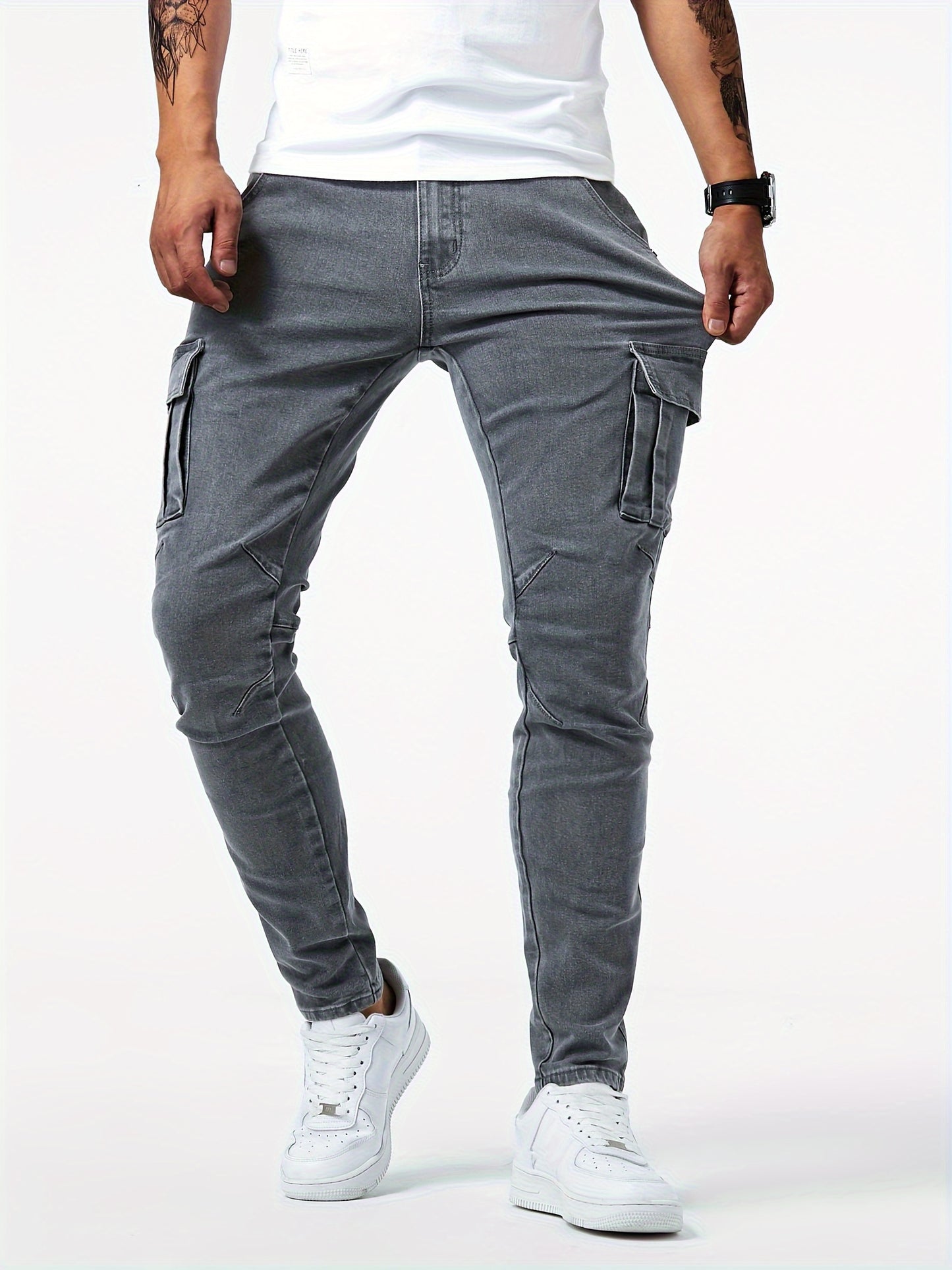 Slim Fit Multi Pocket Jeans, Men's Casual Street Style High Stretch Denim Cargo Pants