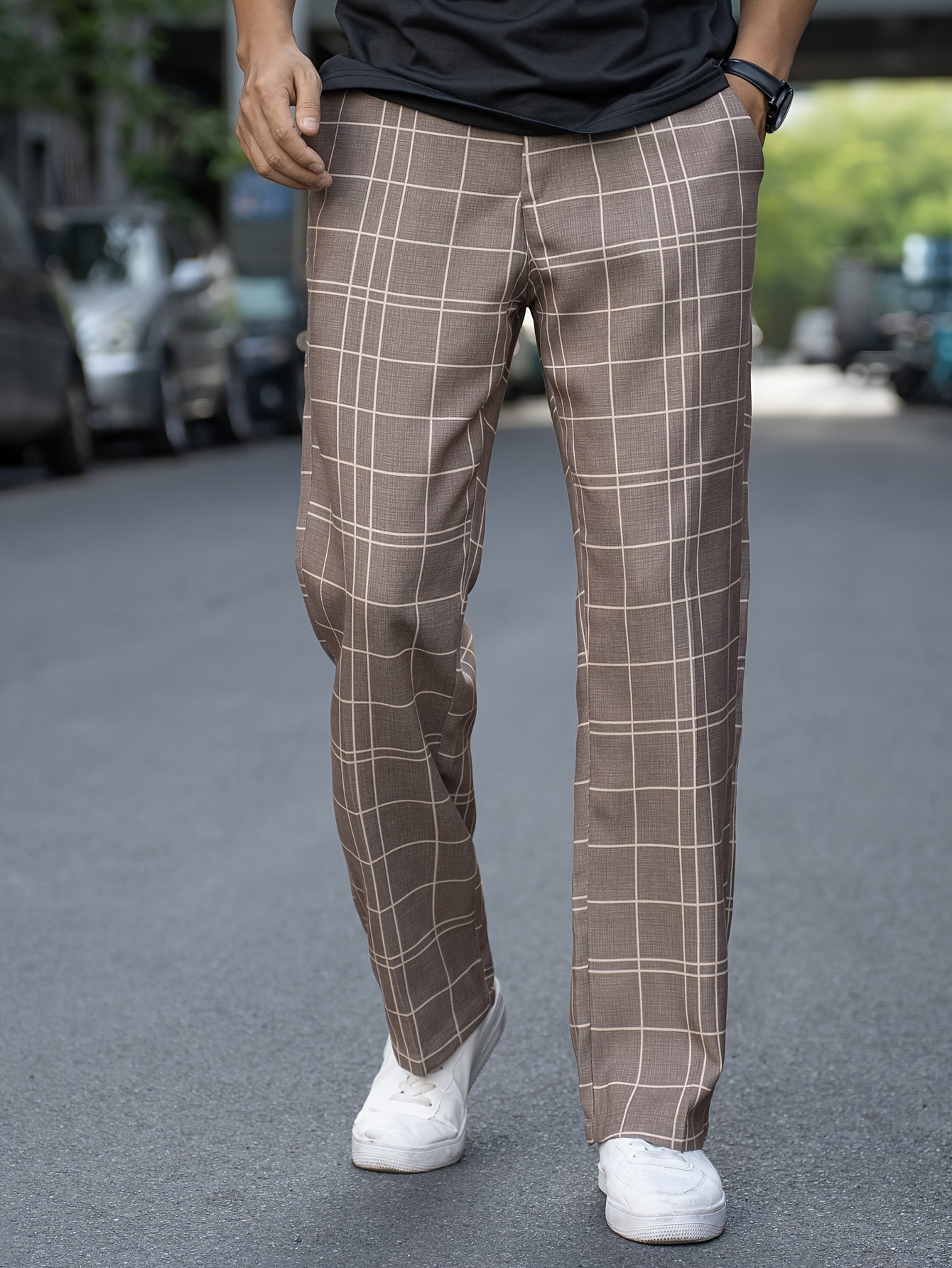 Men's Vintage-Inspired Plaid Dress Pants - Loose Fit, Straight Leg, Polyester, Non-Stretch Fabric for All Seasons