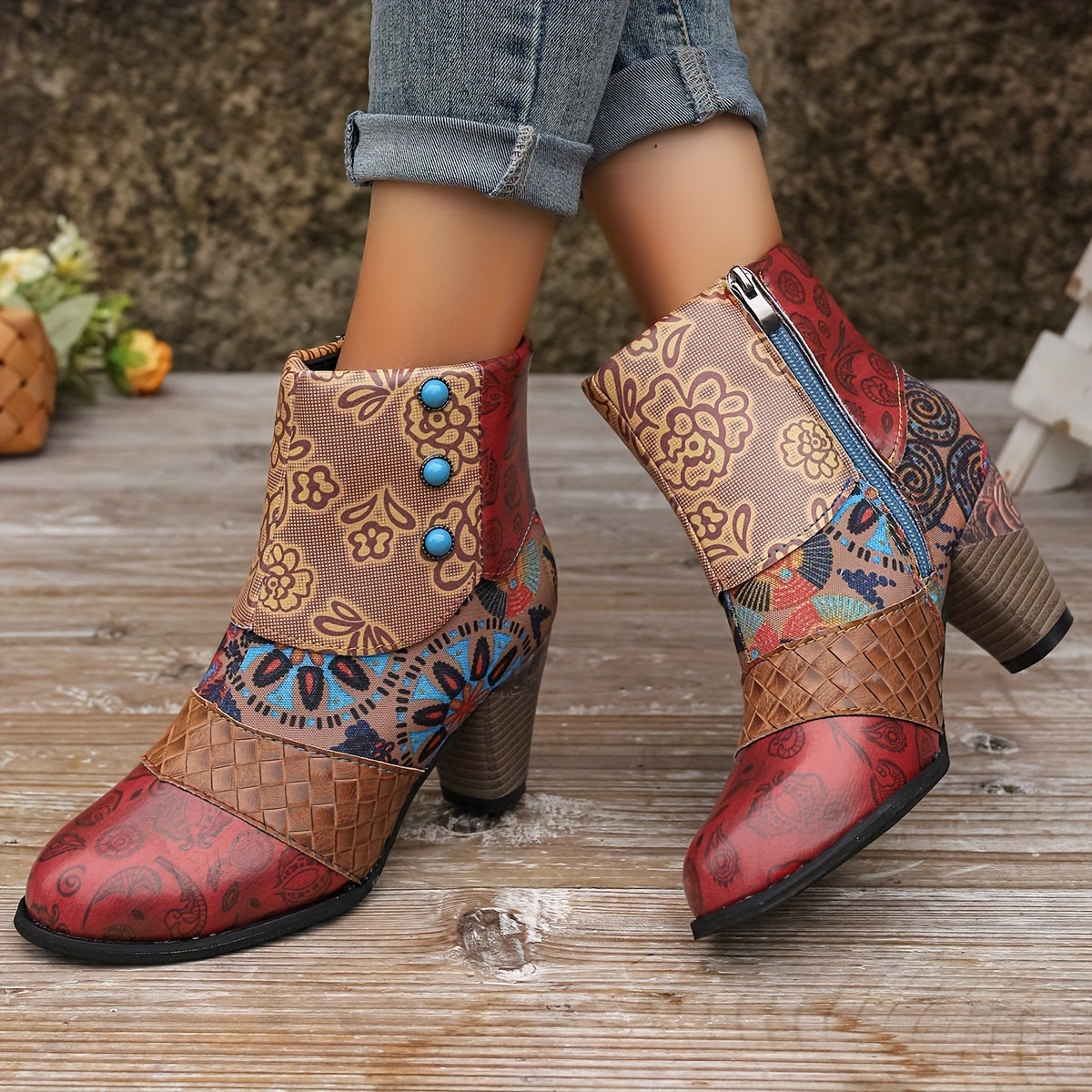 Women's Floral Pattern Boots, Side Zipper Casual Chunky Heel Ankle Boots, Versatile Round Toe Boots