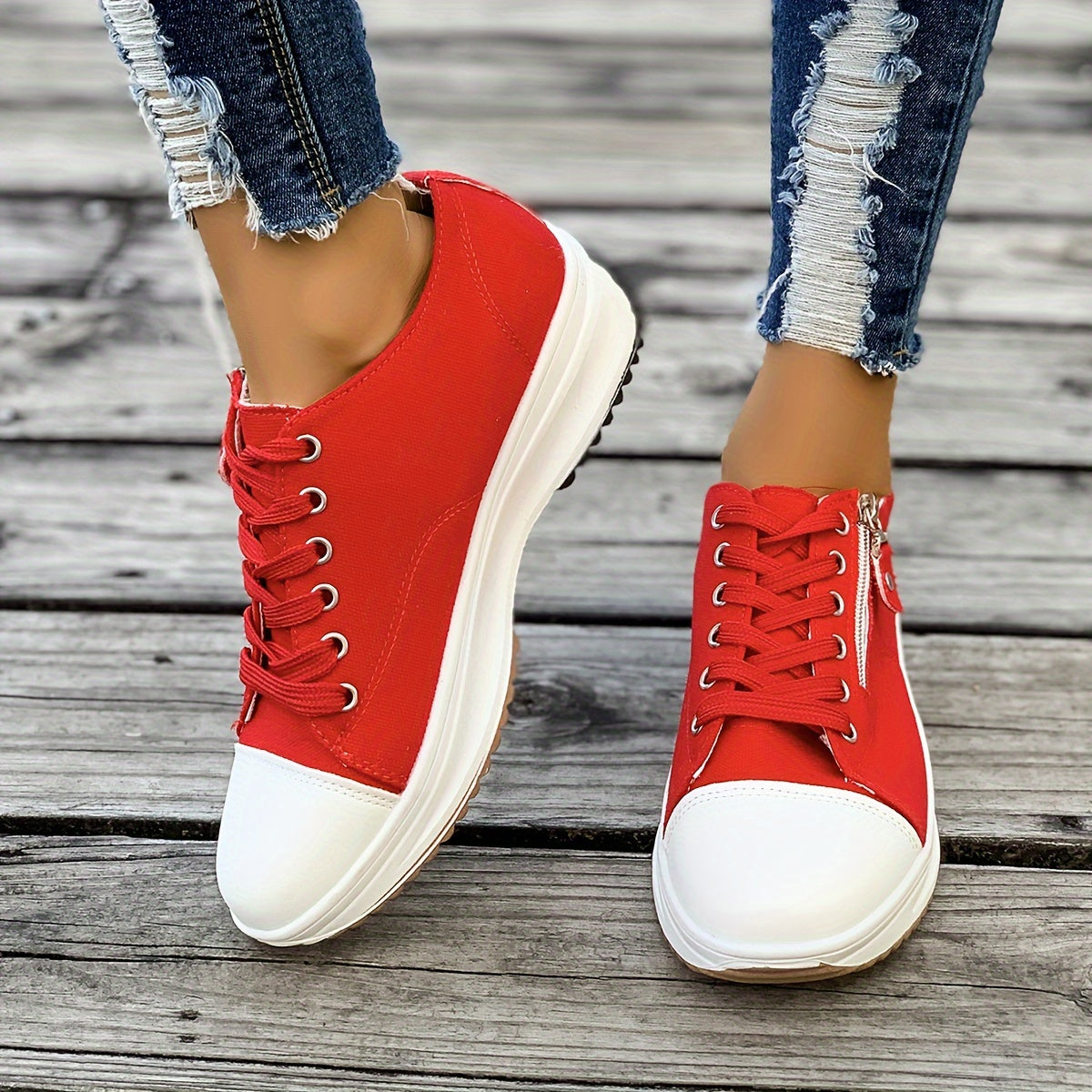 Women's Platform Canvas Sneakers, Trendy Zipper & Lace Up Low Top Sports Shoes, Casual Outdoor Walking Trainers