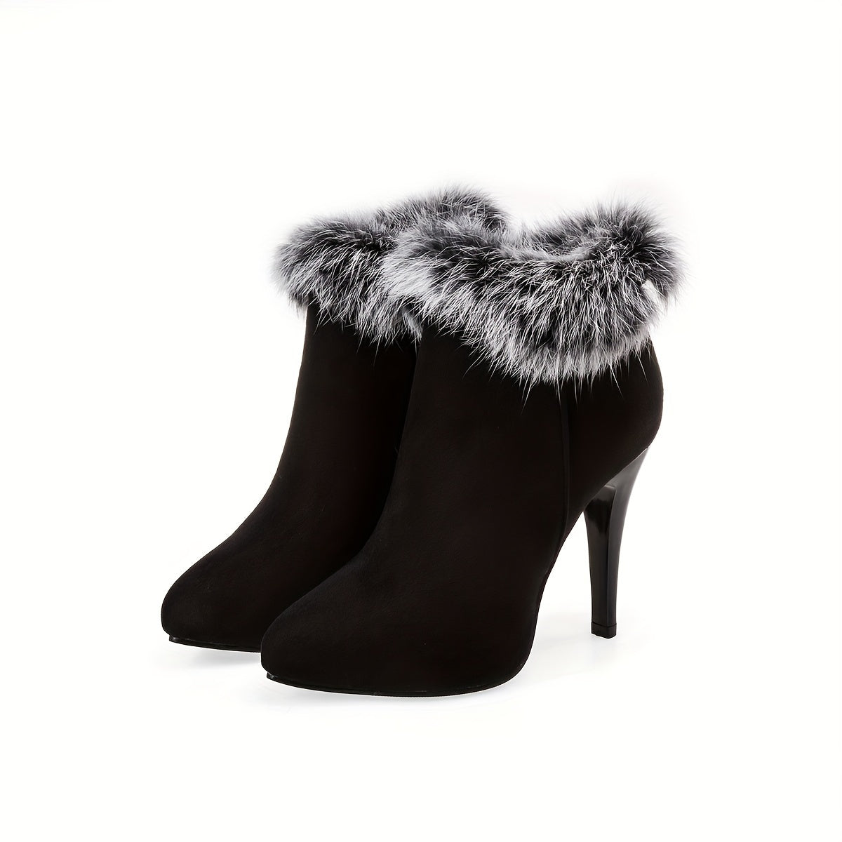 Women's Fluffy Stiletto Ankle Boots, Sexy Plush Lined Thermal Thin High Heels, Christmas Style Side Zipper Short Boots