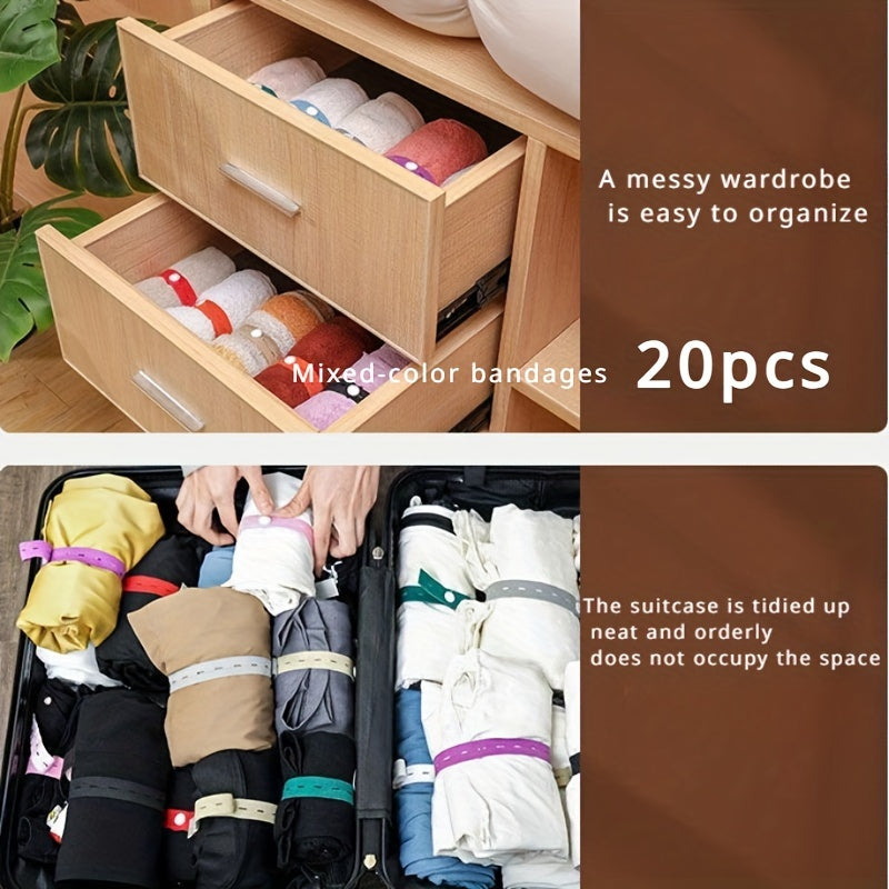 20pcs Classified Storage Sorting Bundling Elastic Band With Adjustable And Stretchable Buckle Holes For Travel Clothing Storage, Drawers, Wardrobe Sorting, Space Saving