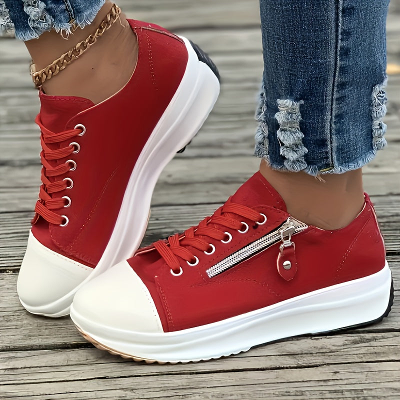 Women's Platform Canvas Sneakers, Solid Color Lace Up Low Top Walking Trainers, Casual Outdoor Sports Shoes