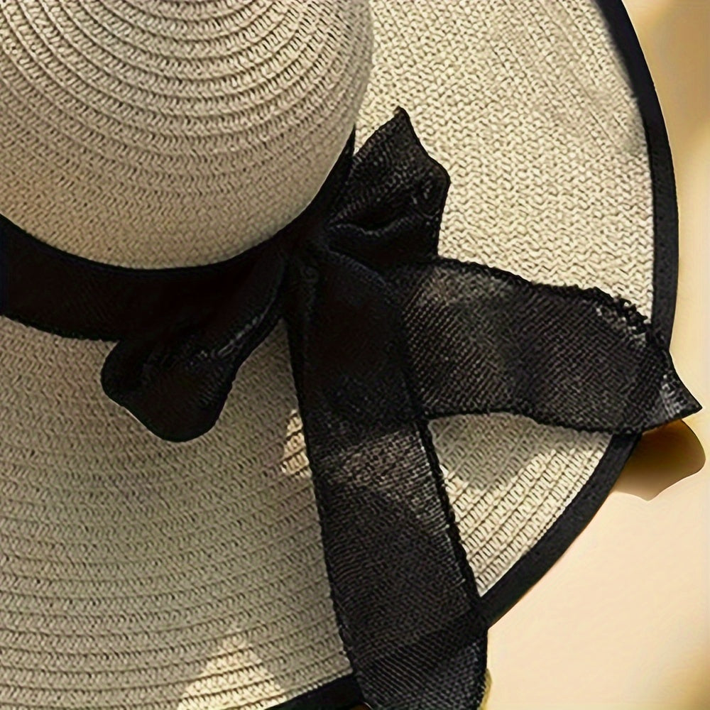 Women's Lafite Grass Woven Straw Hat with Black Bow - Summer Sun Protection Wide Brim Beach Cap, Foldable, Non-Stretch, Featherless Craftsmanship