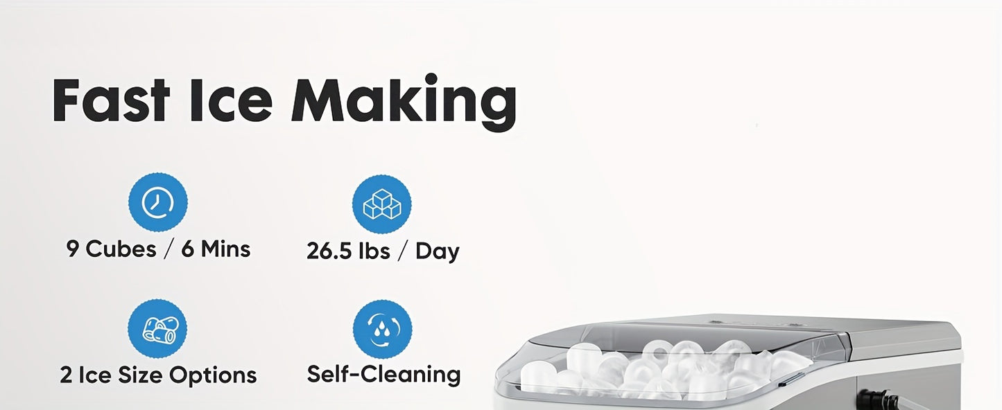 Countertop Ice Maker, Nugget Portable Ice Machine, 9 Bullet Ice Cubes in 6 Mins, 26.5lbs in 24Hrs Self-Cleaning with Handle, Basket, Scoop for Home, Kitchen/Party/Camping/RV