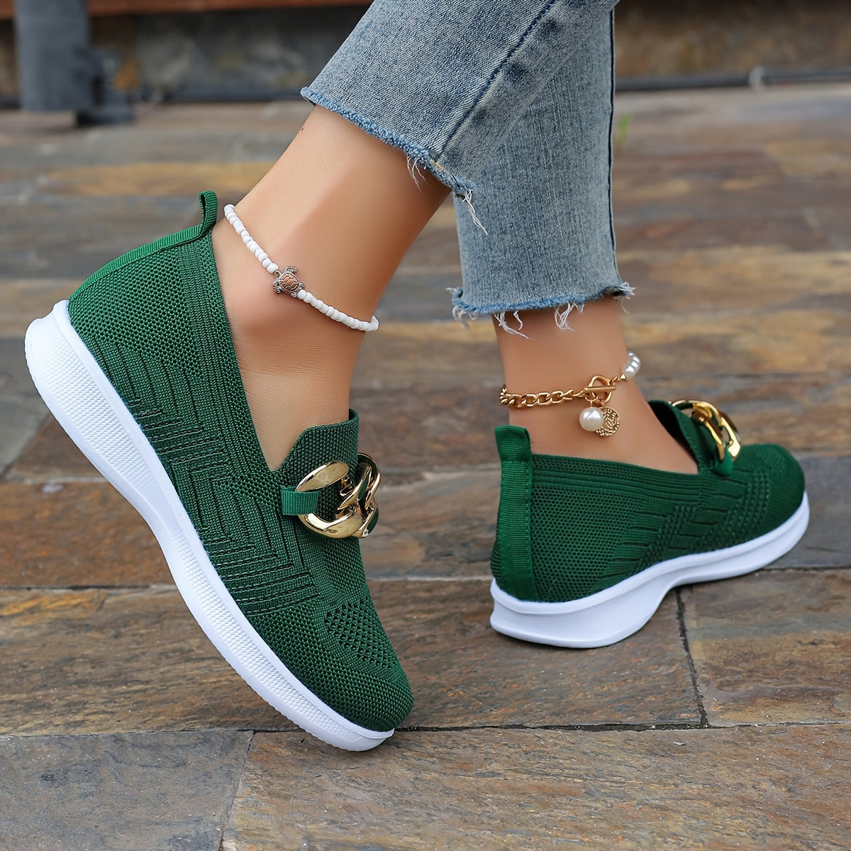 Women's Buckle Decor Sock Sneakers, Stylish Breathable Knitted Slip On Trainers, Comfy Outdoor Walking Shoes