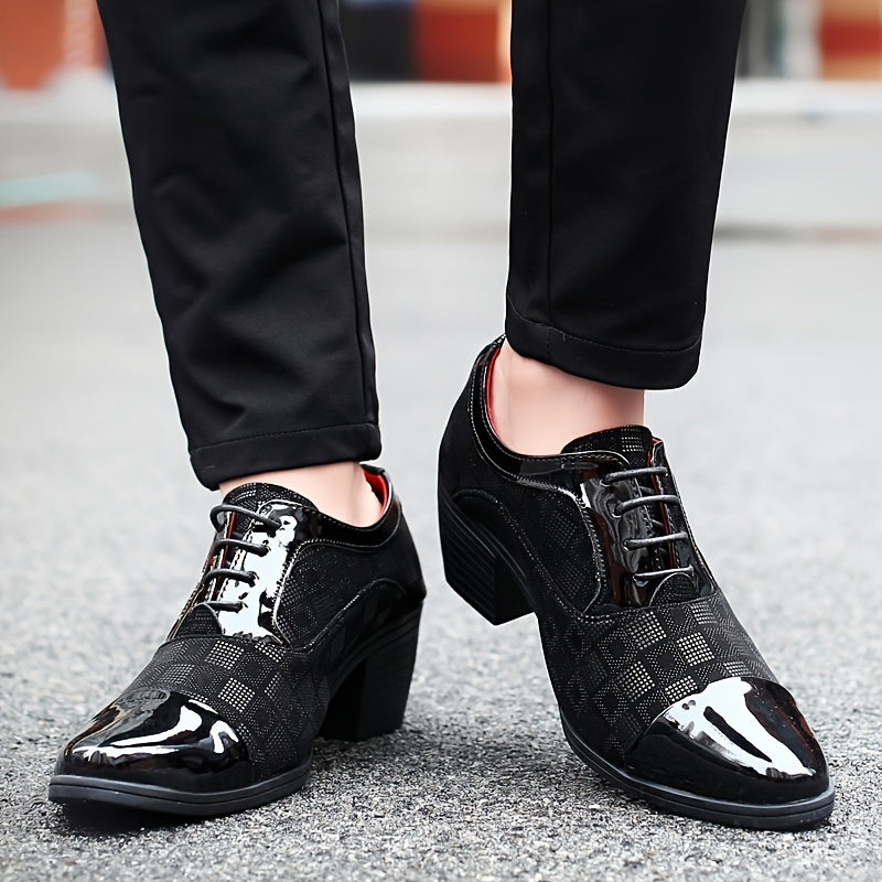 Men's Tuxedo Lace-up Formal Shoes, Faux Leather Cap-toe High-heeled Lace-up Oxford Shoes For Wedding Party