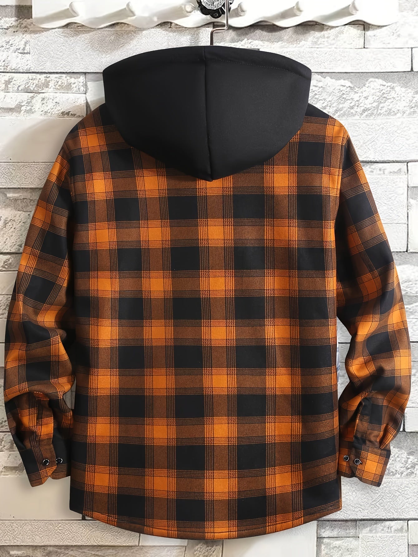 Men's Plaid Hooded Long Sleeve Shirt with Pockets, 100% Polyester Woven Fabric, Adult Basic Winter Warm-Up Top with Hood, No Bra, Elastic Fit, Regular Fit