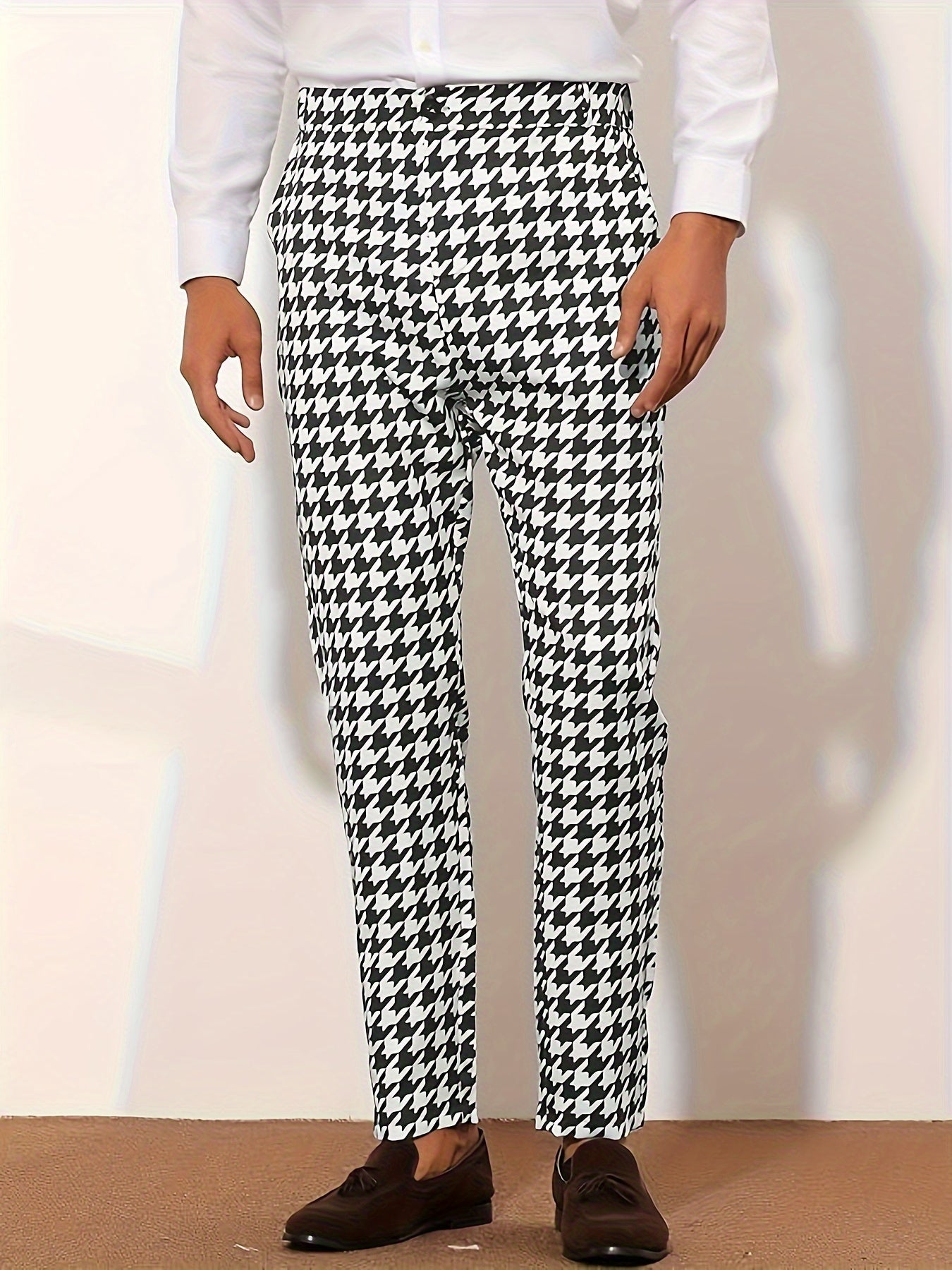 Men's Houndstooth Pattern Cropped Dress Pants, Semi-formal Style Pants For Outdoor Casual Daily Wear, All Seasons