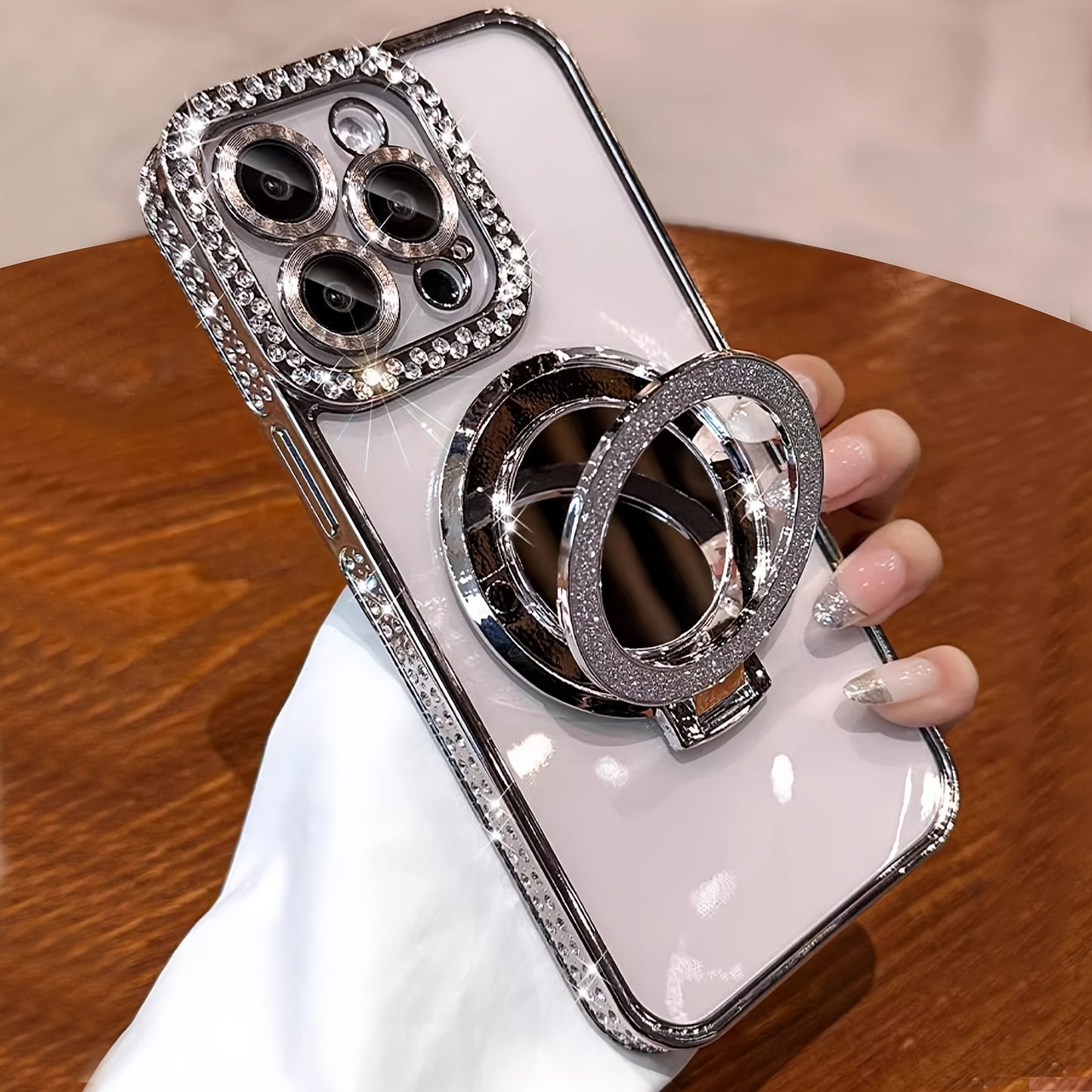 New Luxury High-Grade Glitter Double Row Diamond Mirror Magnetic Bracket All-Inclusive Lens Mobile Phone Case Suitable for Apple for Iphone 16 15 14 13 12 11 Pro Max / Niche Transparent Anti-Fall Soft Glue Protective Back Cov