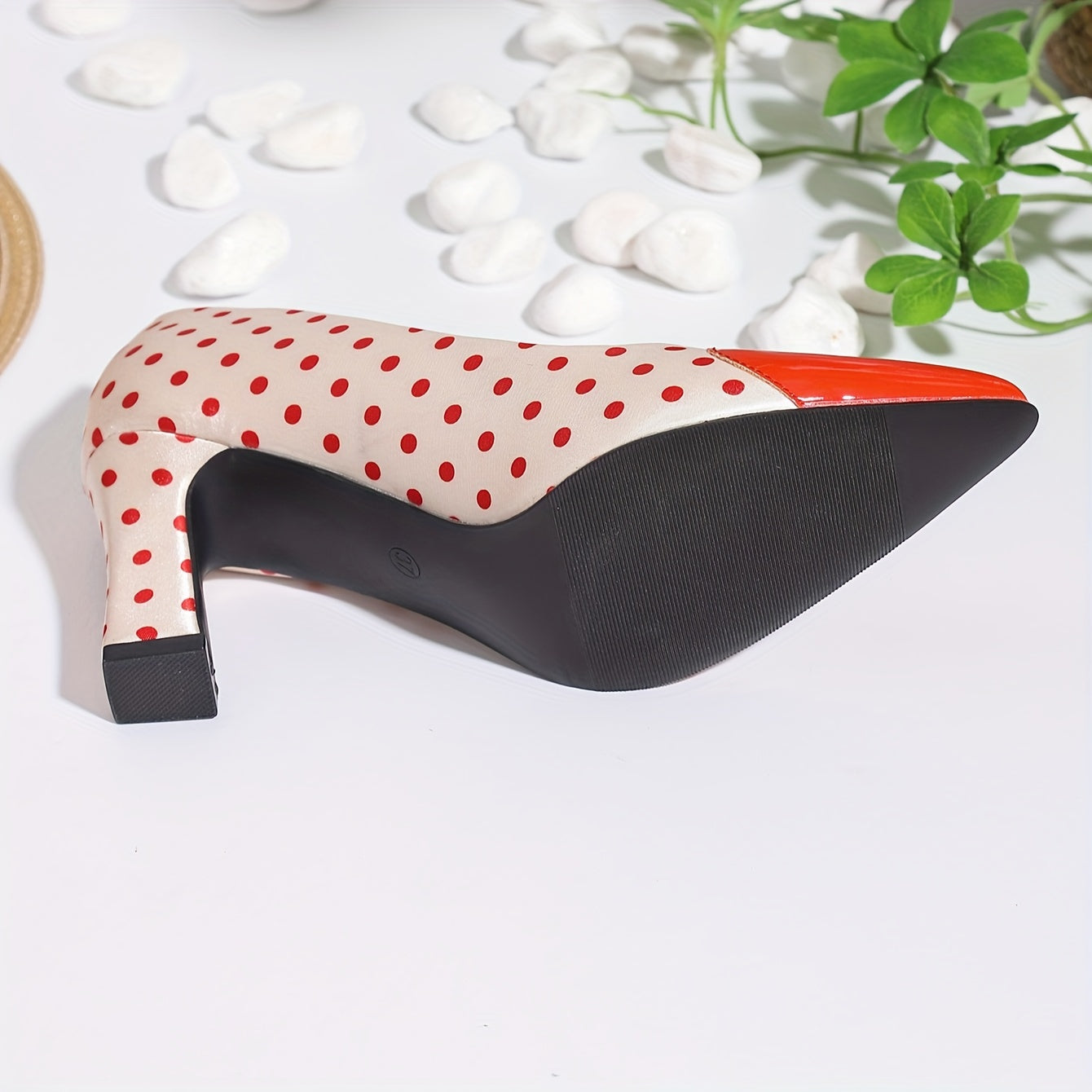 Women's Polka Dot Pumps, Shallow Mouth Slip On Chunky Heel Wedding Shoes, Point Toe Heart Dressy Shoes