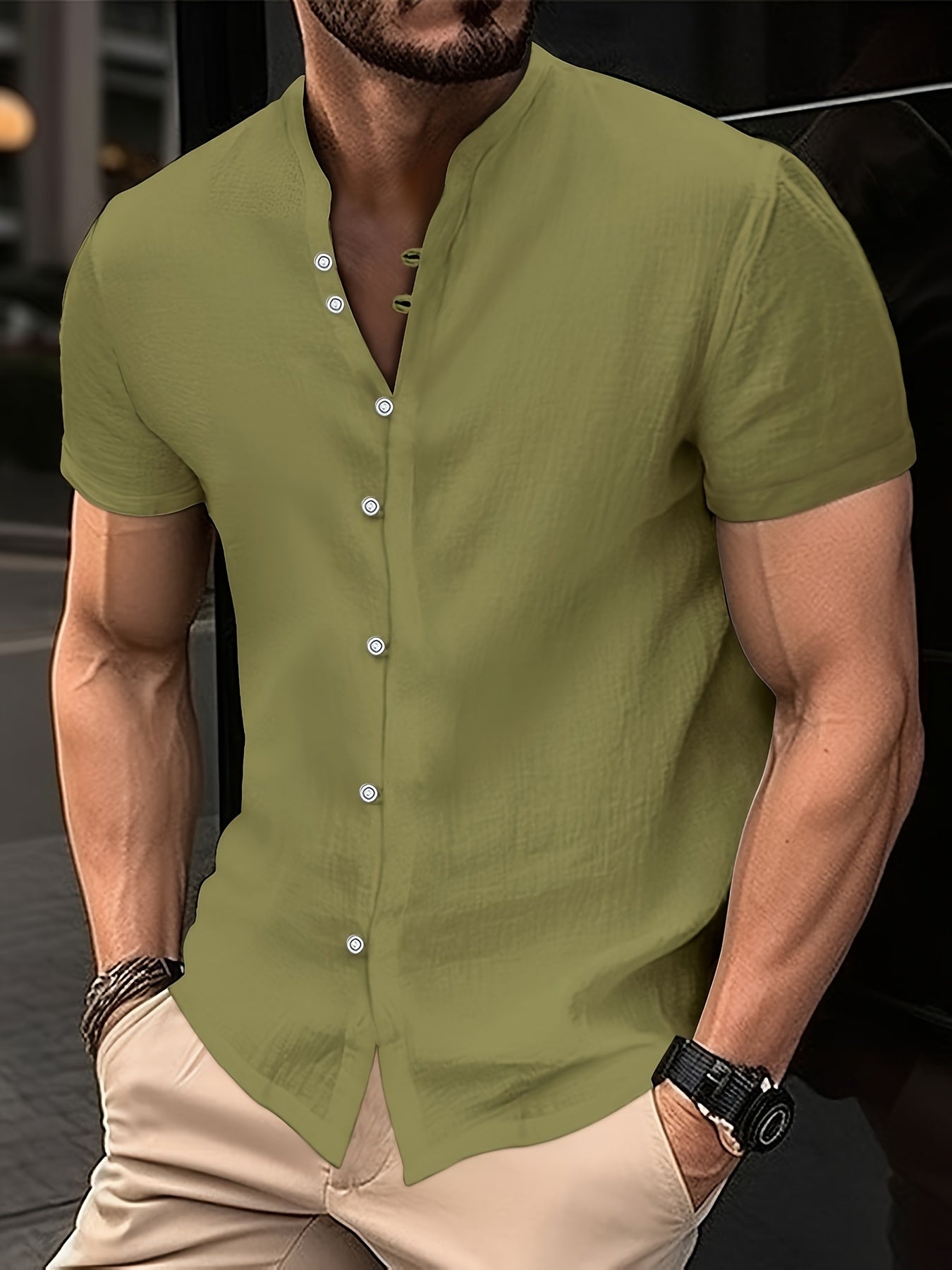 Men's Solid Short Sleeve Button Down Stand Collar Henley Shirt For Summer Resort Holiday, Hawaiian Style