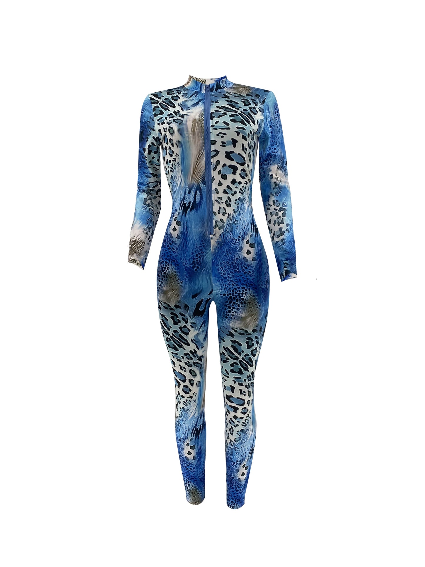 Leopard Pattern Zipper Mock Neck Jumpsuit, Casual Long Sleeve Jumpsuit For Spring & Fall, Women's Clothing