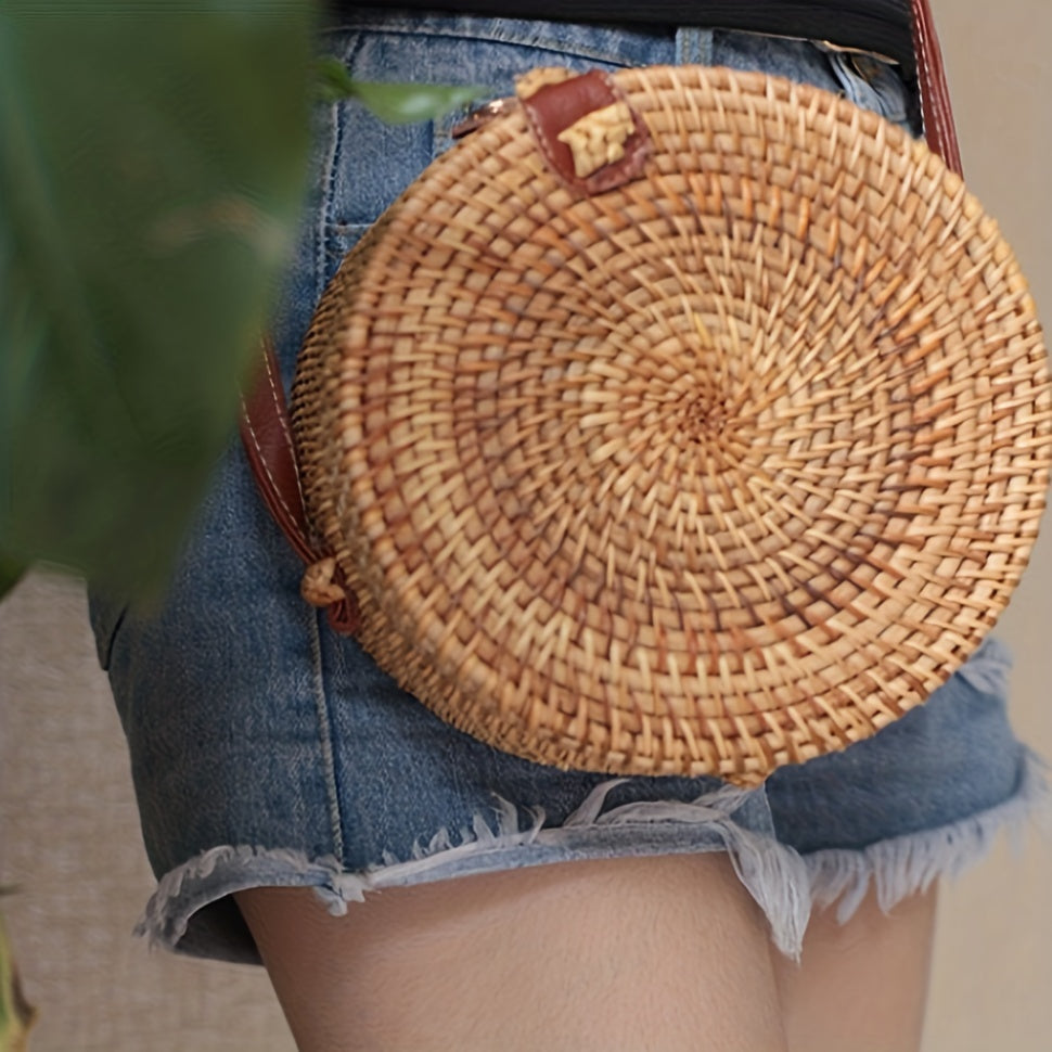 Small Round Straw Bag, Women's Simple Casual Crossbody Bag Versatile Straw Shoulder Bag