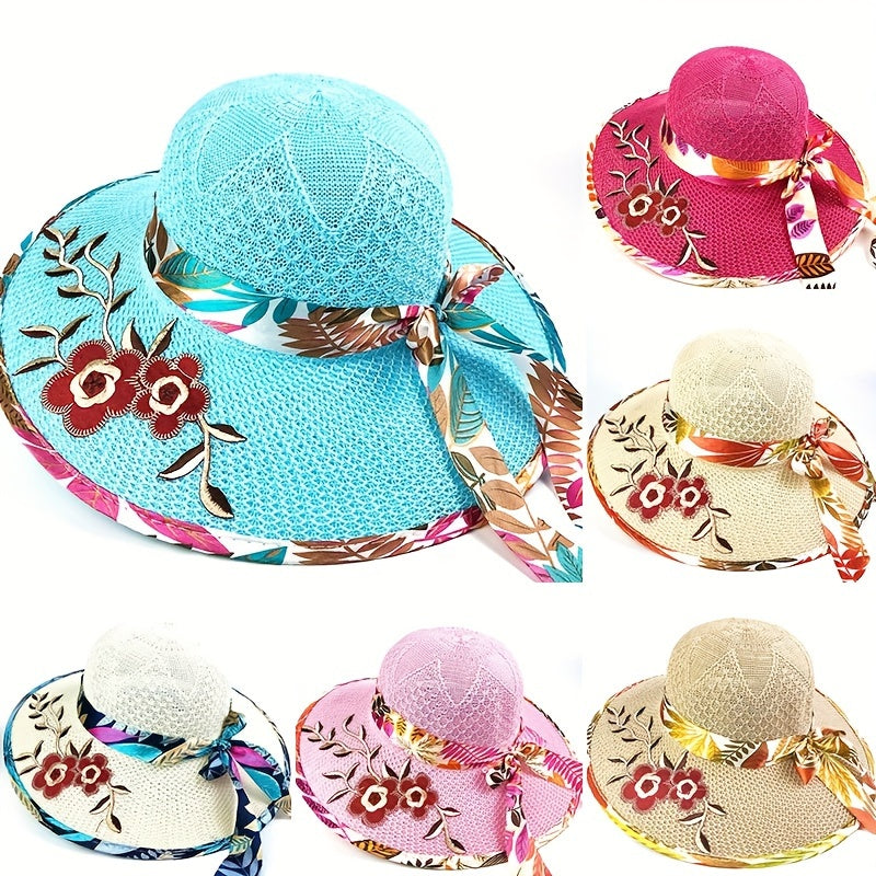 1pc Satin Print Streamer Decorative Sun Hat Personalized Flower Embroidered Wide Brim Hat Summer Stylish Sunshade Beach Hats For Women