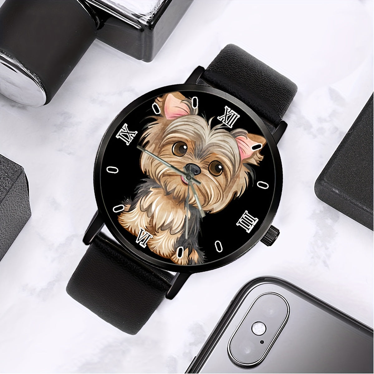 Stylish Quartz Analog Wristwatch with Cute Dog Design - Stainless Steel Case, Faux Leather Strap for Men & Women