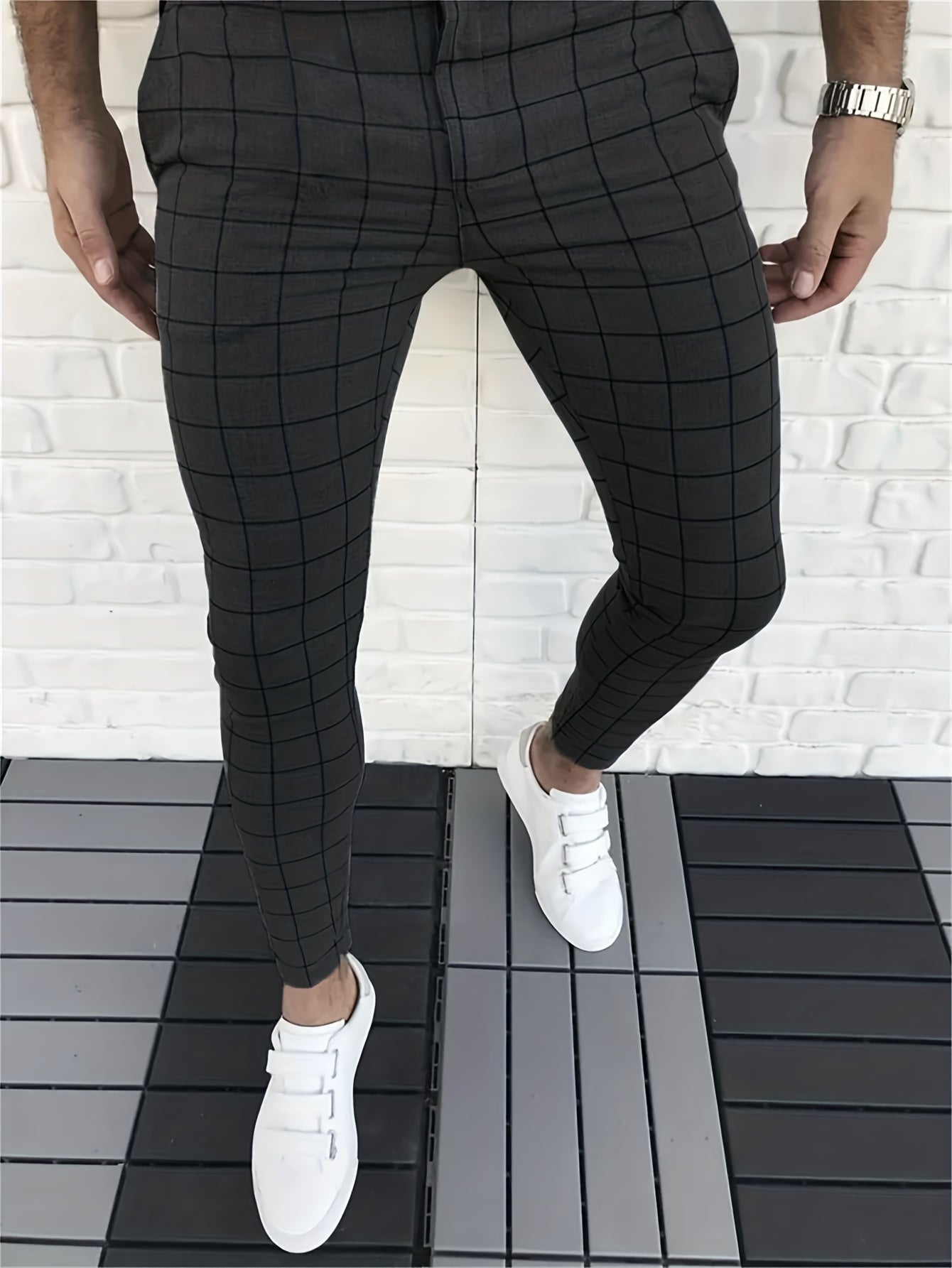 Elegant Plaid Slacks, Men's Casual Vintage Style Dress Pants For Business Banquet