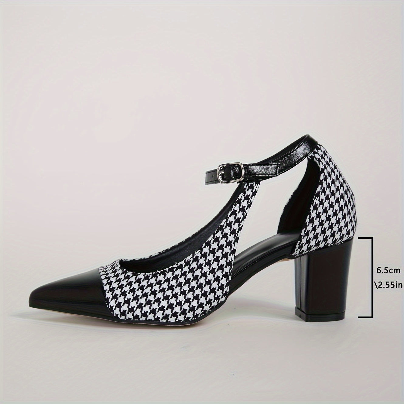 Women's Pointed Toe Pumps, Fashion Houndstooth D'Orsay Heels With Ankle Strap, Chic Contrast Color Block Heels