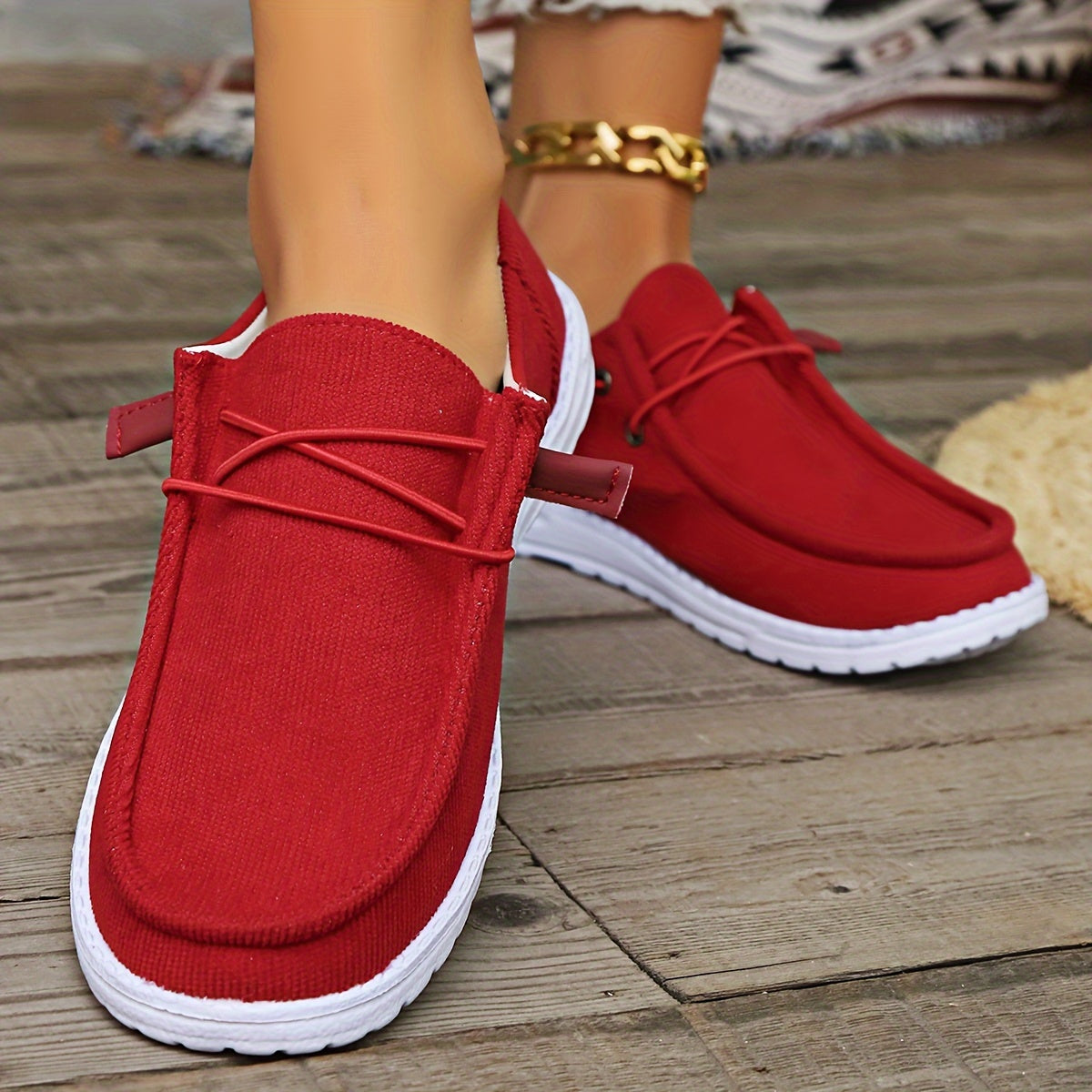 Women's Casual Slip-On Sneakers, Round Toe Lace-up Flats, Breathable Canvas Shoes With Rubber Sole, Lightweight Comfort Walking Shoes, Large Size - Red