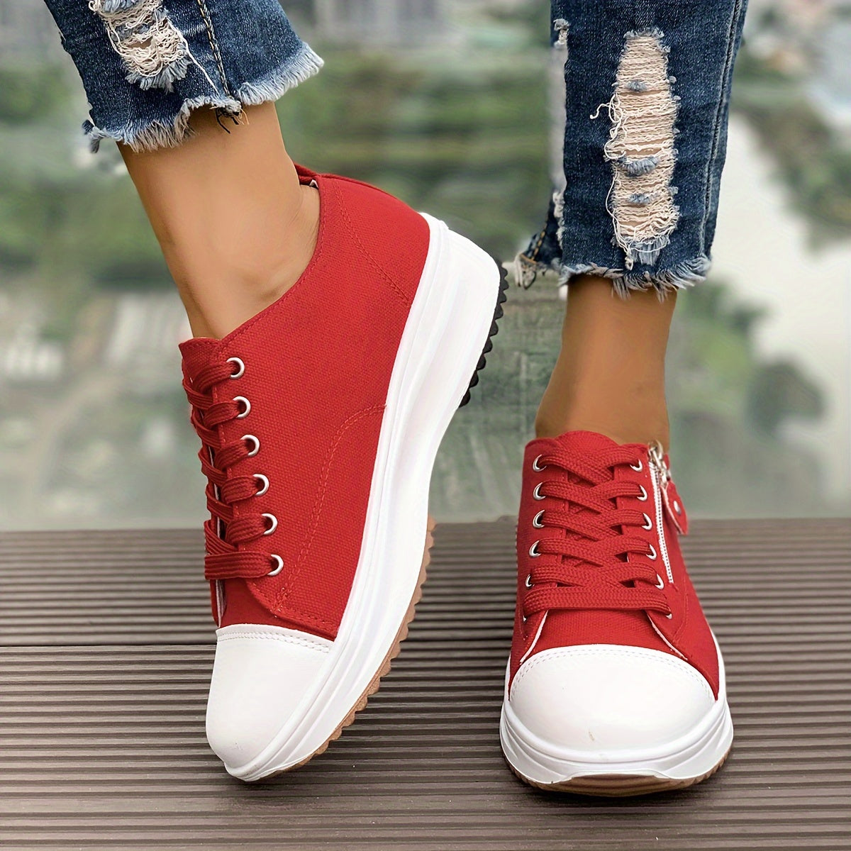 Women's Canvas Sneakers, Side Zipper Design Lace Up Low Top Sports Shoes, Casual Wedge Walking Shoes