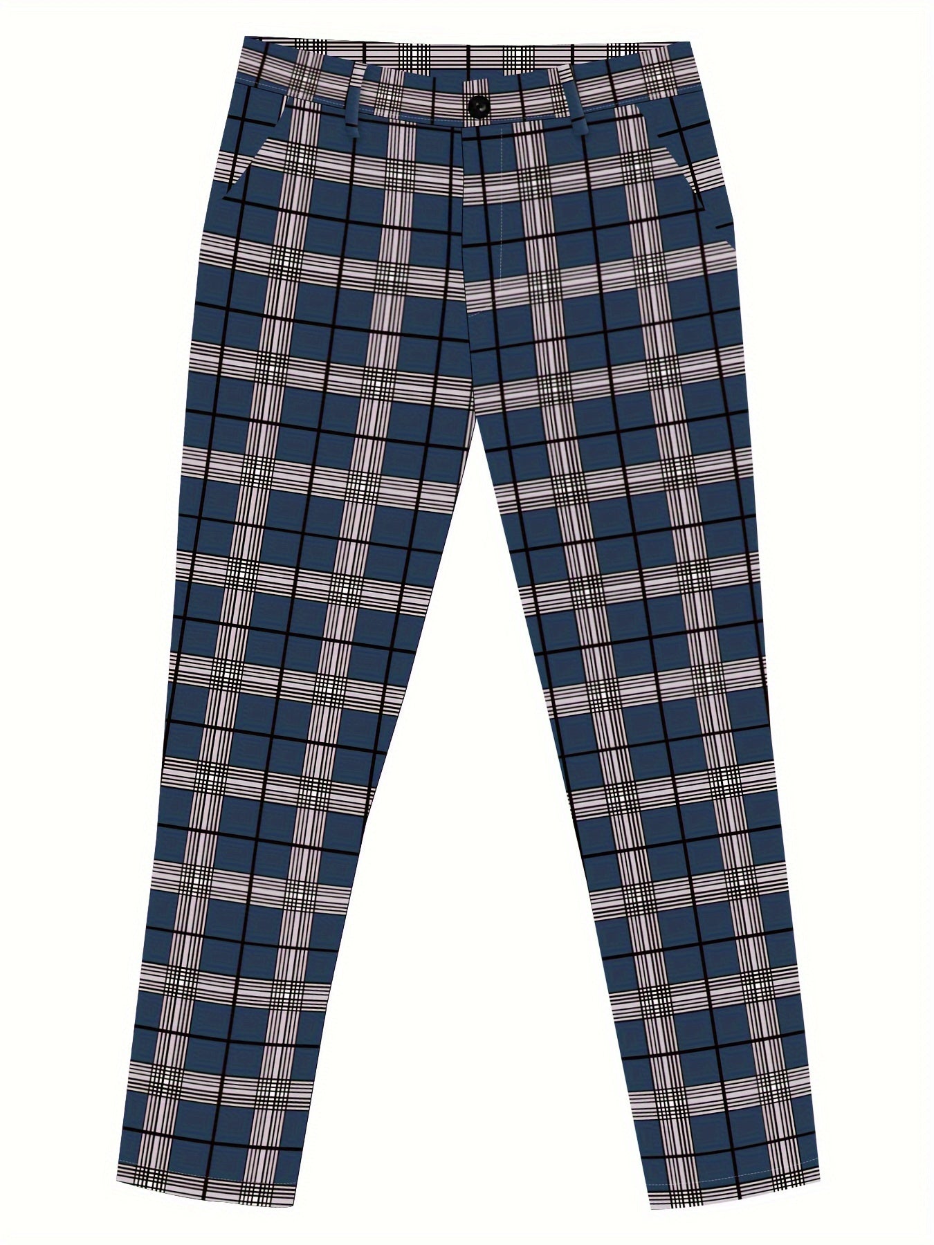 Men's Vintage Fashion, Plaid Pattern Slim Fit Cuffed And Knit Dress Pants, Mid Stretch Trousers For Business, Formal Party And Casual Wear