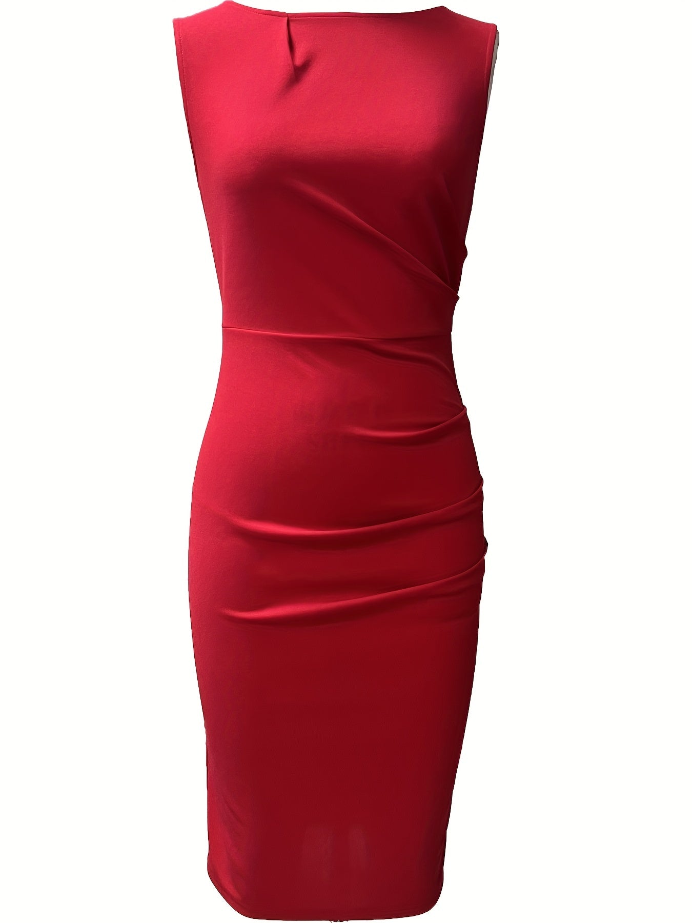 Ruched Pencil Dress, Elegant Crew Neck Sleeveless Work Office Dress, Women's Clothing