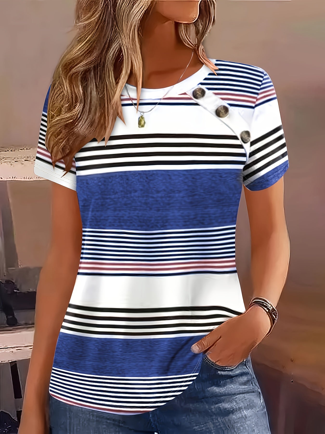 Striped Print Short Sleeve T-shirt, Casual Button Front Crew Neck Top For Spring & Summer, Women's Clothing