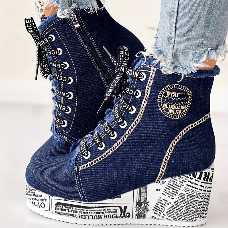 Women's Solid Color Denim Boots, Lace Up Trendy Platform Comfy Shoes, Versatile Round Toe Wedge Shoes