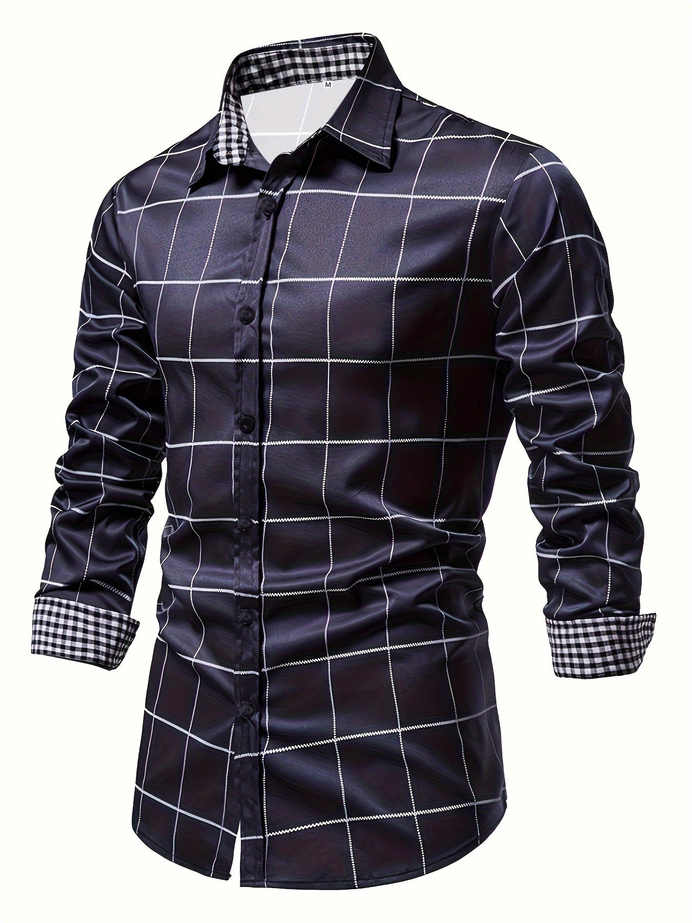 Men's Plaid Lapel Collar Design Dress Shirts, Long Sleeve Casual Button Up Shirt For Formal Occasions