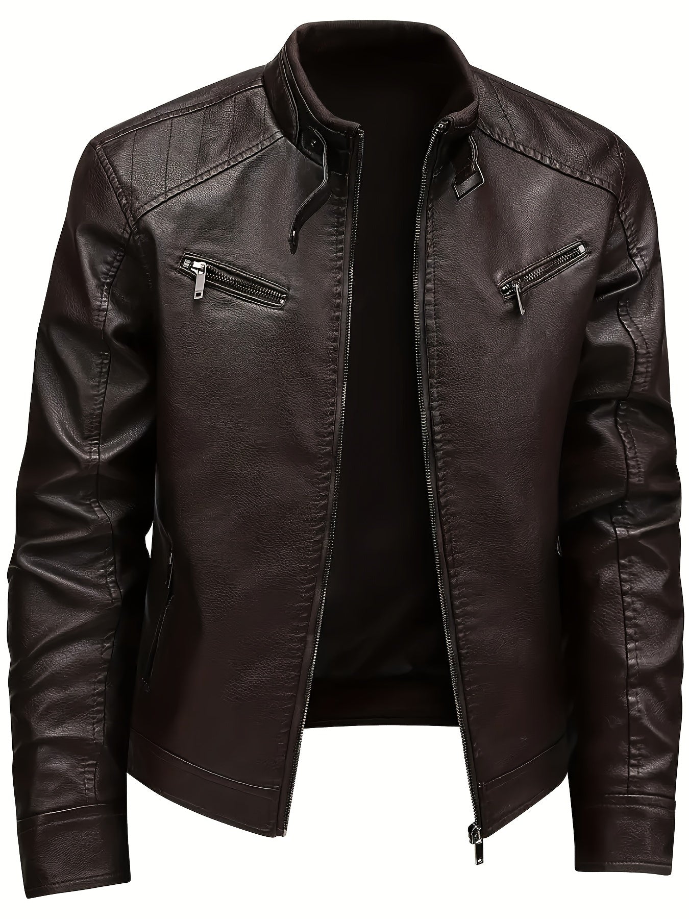 Men's PU Leather Jacket With Multi Zipper Pockets, Casual Stand Collar Zip Up Long Sleeve Jacket For Outdoor