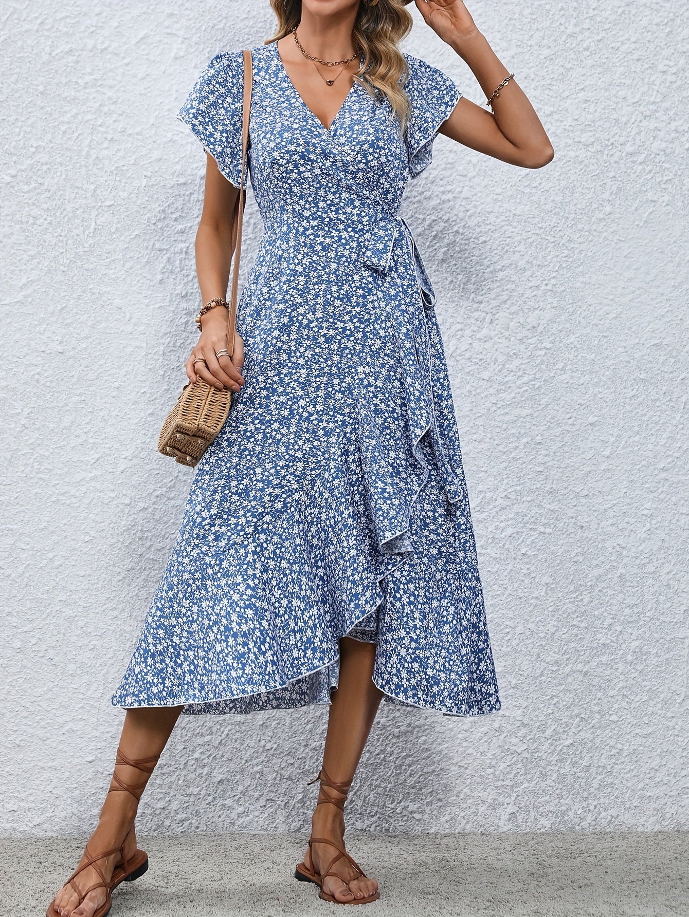 Floral Print Surplice Neck Tied Dress, Casual Flutter Sleeve Ruffle Hem Dress For Spring & Summer, Women's Clothing